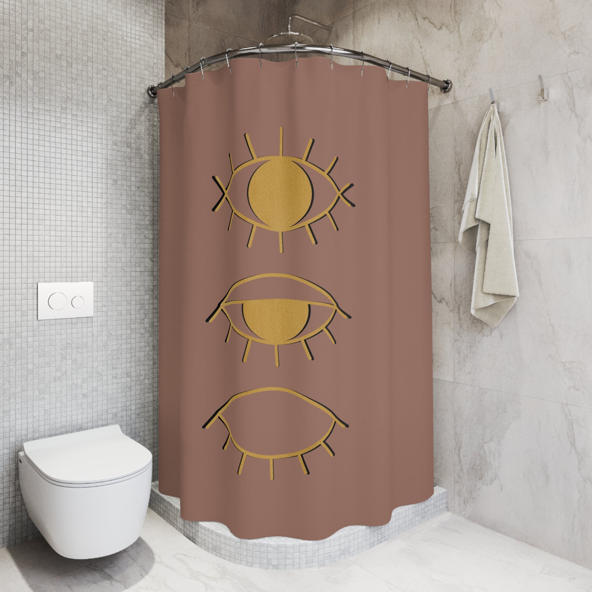 Boho Shower Curtain | Cinnamon Brown, Yellow Evil Eye