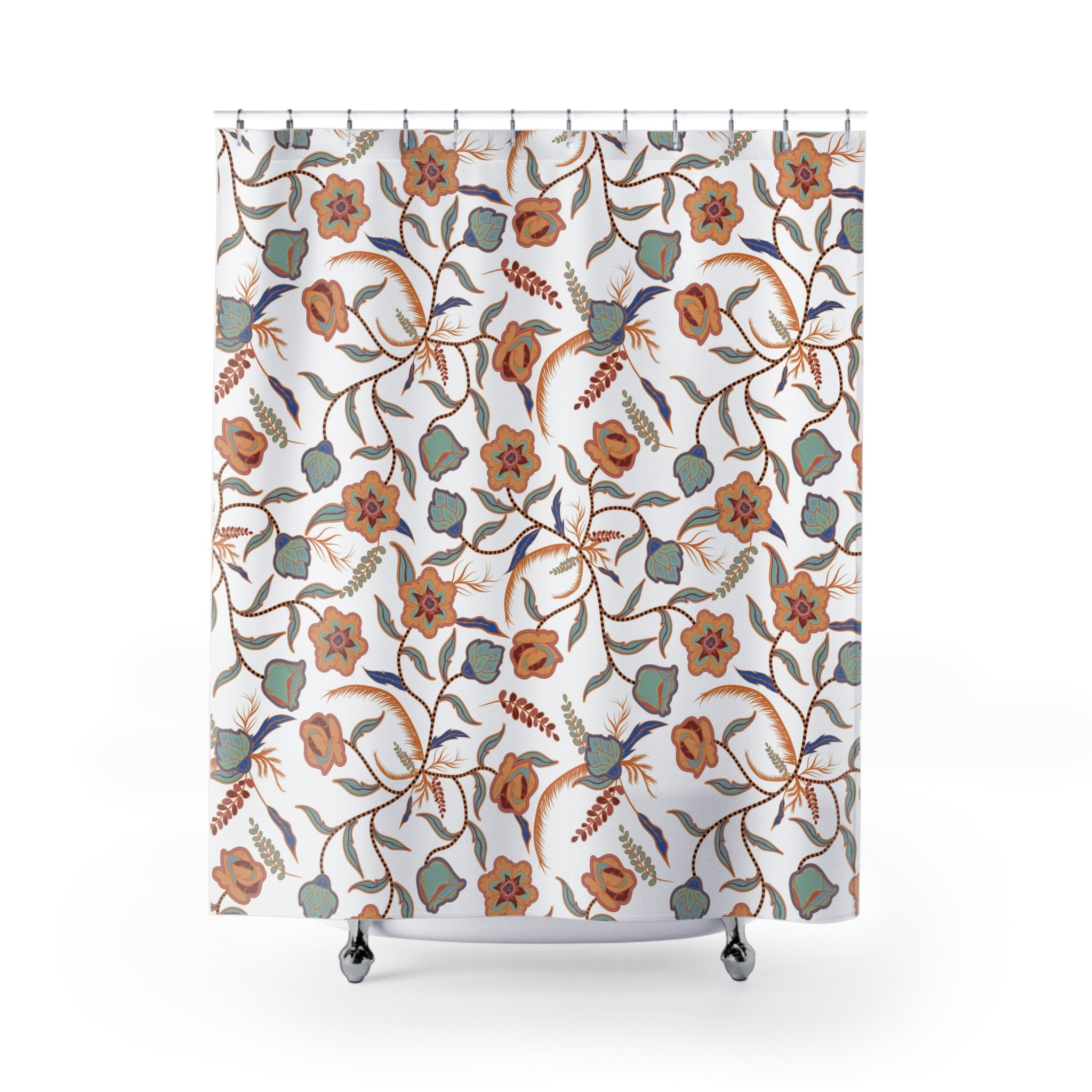 Boho Shower Curtain | White Blue Muted Orange Floral