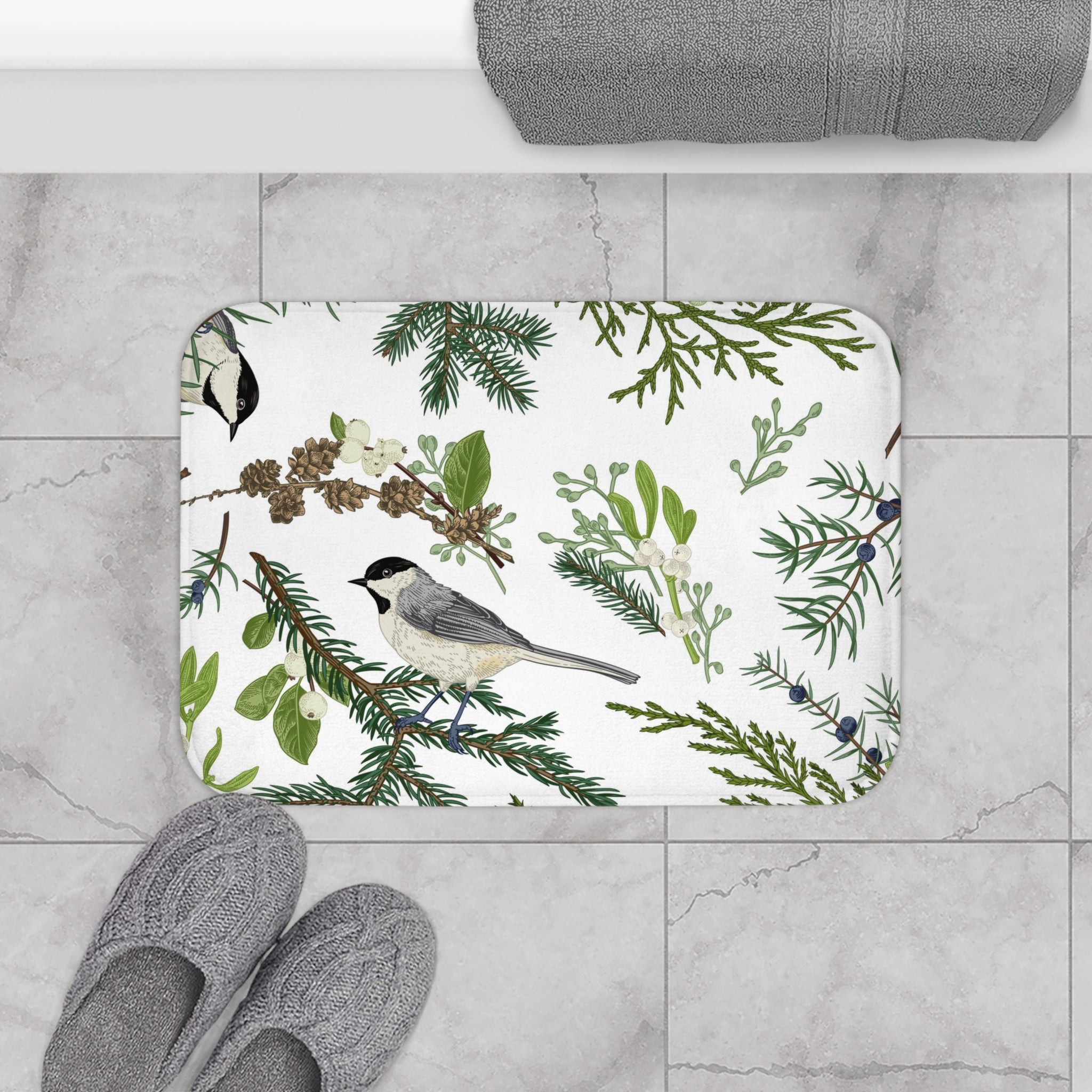 Nature Bath Mat, Kitchen Mat | White Green, Bird Nature Floral