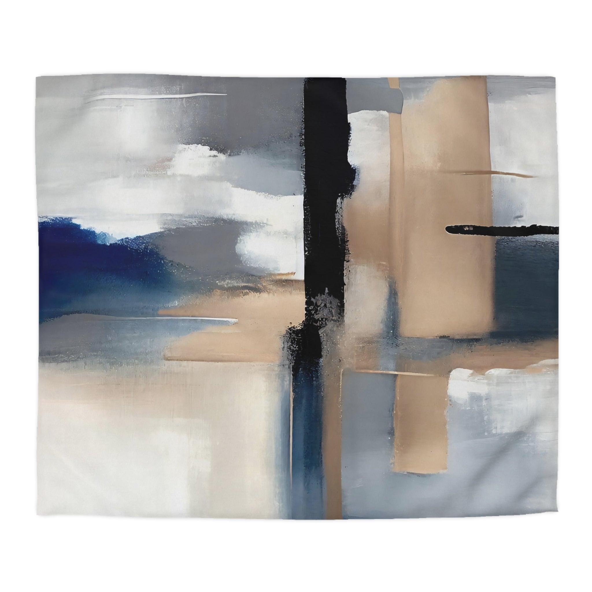 The image is an abstract painting with a mix of blue, white, and brown colors. The painting features various brushstrokes and textures, creating a dynamic and visually interesting composition.