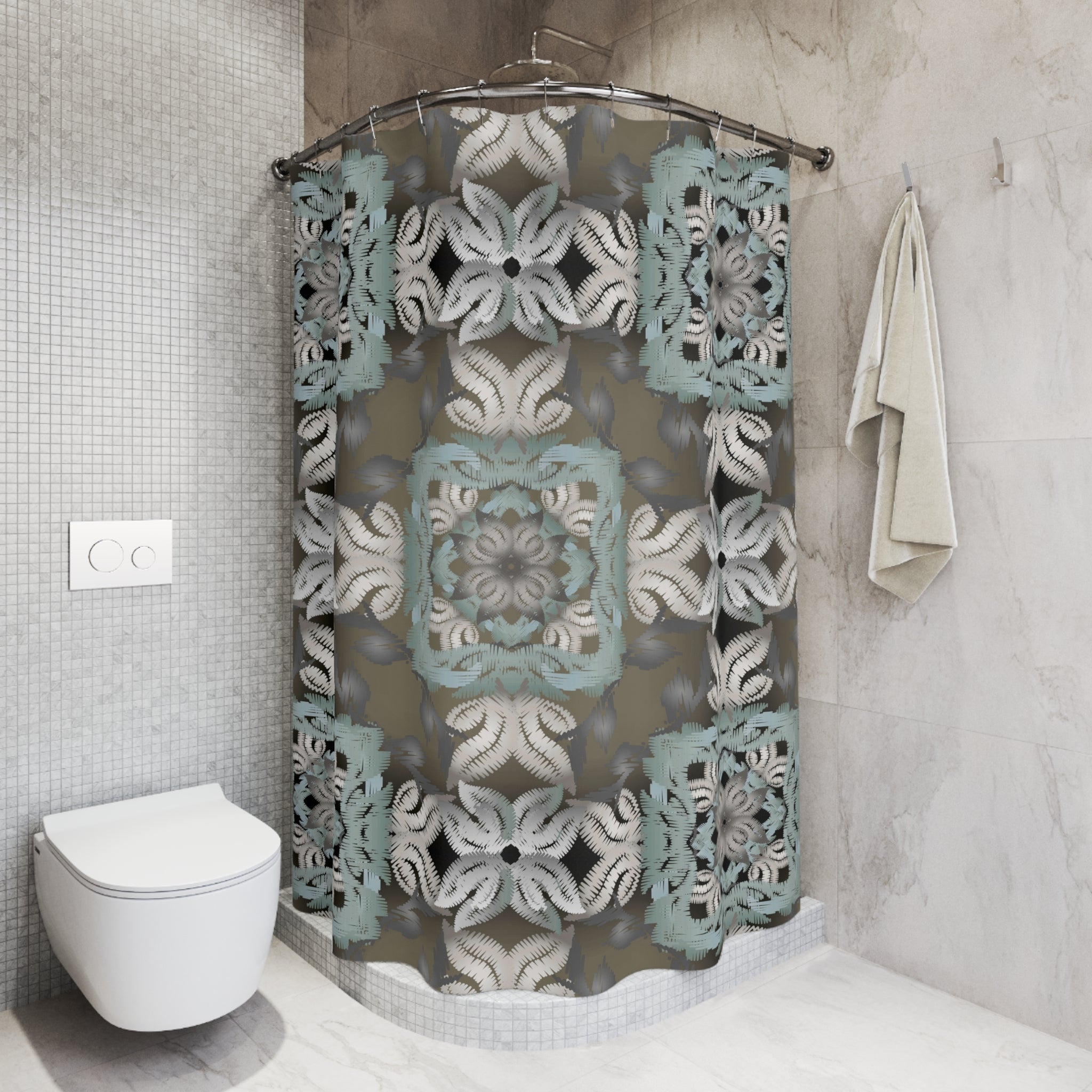 Boho Shower Curtain | Geometric Moroccan Grey Blue Fabric Curtain