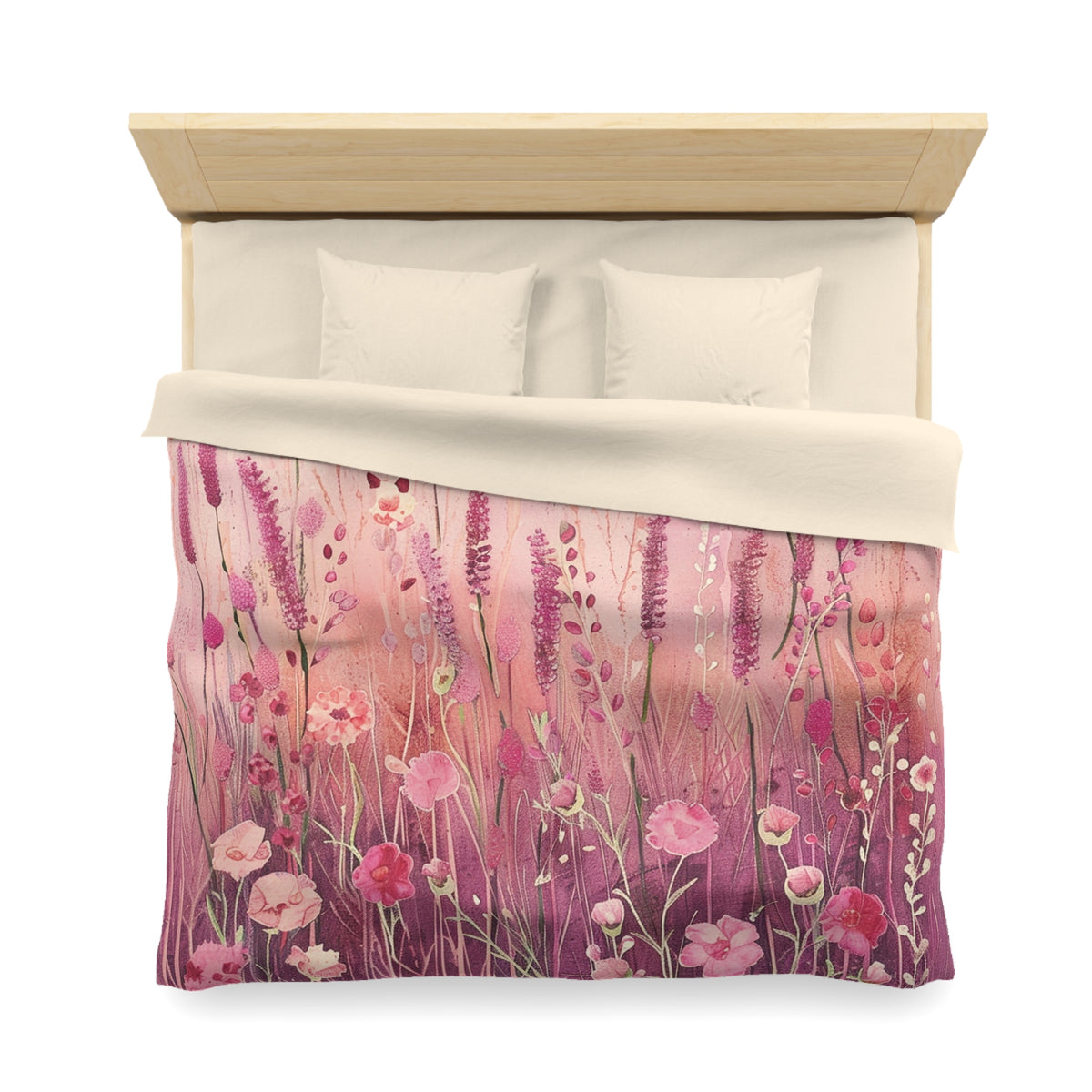 a bed with a floral print duvet cover featuring pink and purple flowers.