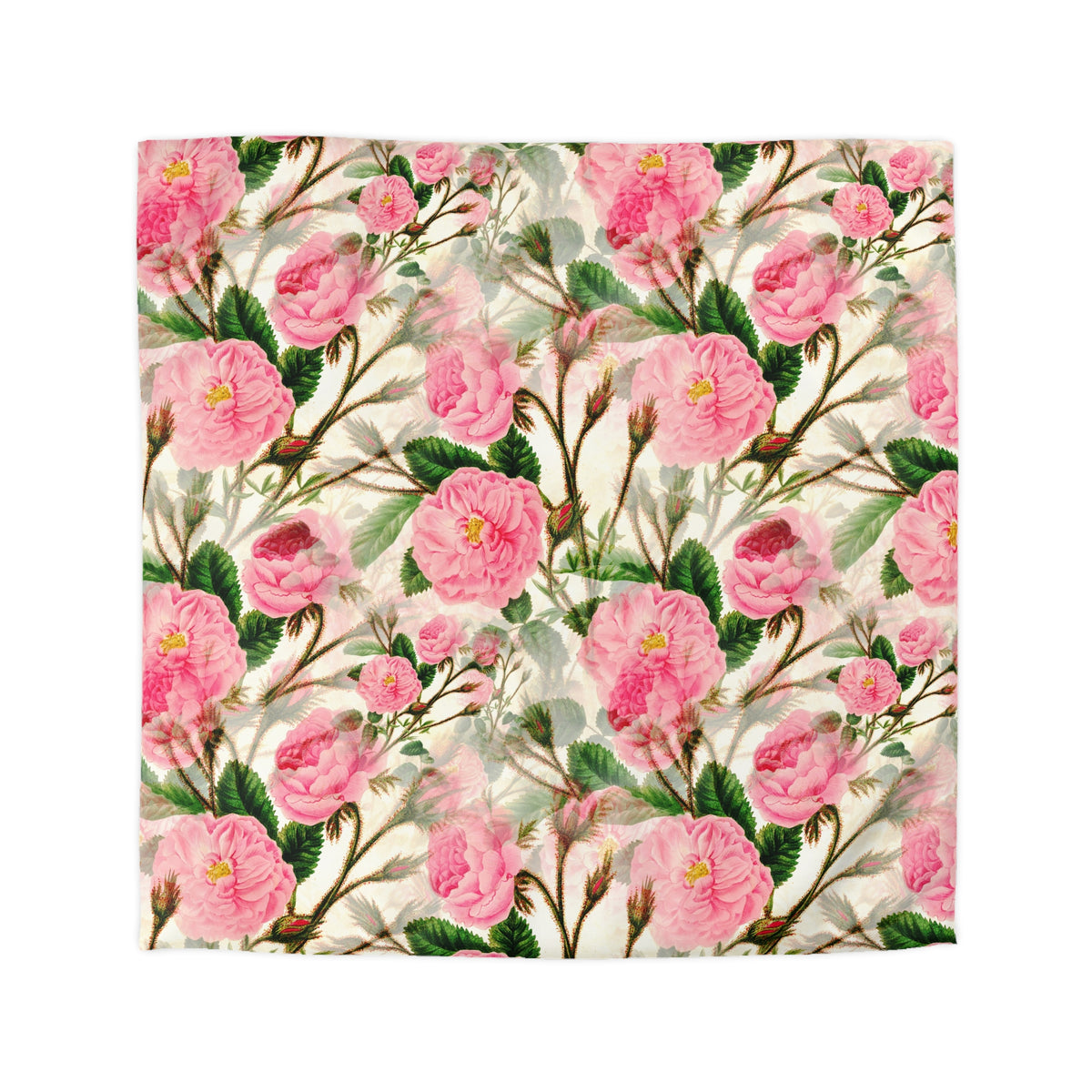 a repeating pattern of pink flowers with green leaves, creating a visually appealing and harmonious design.