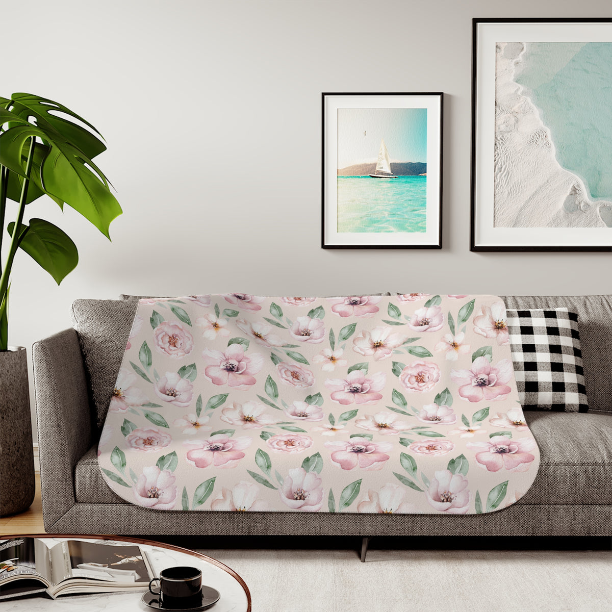 Blush Pink Watercolor Garden Rose Sherpa Blanket | Floral Throw