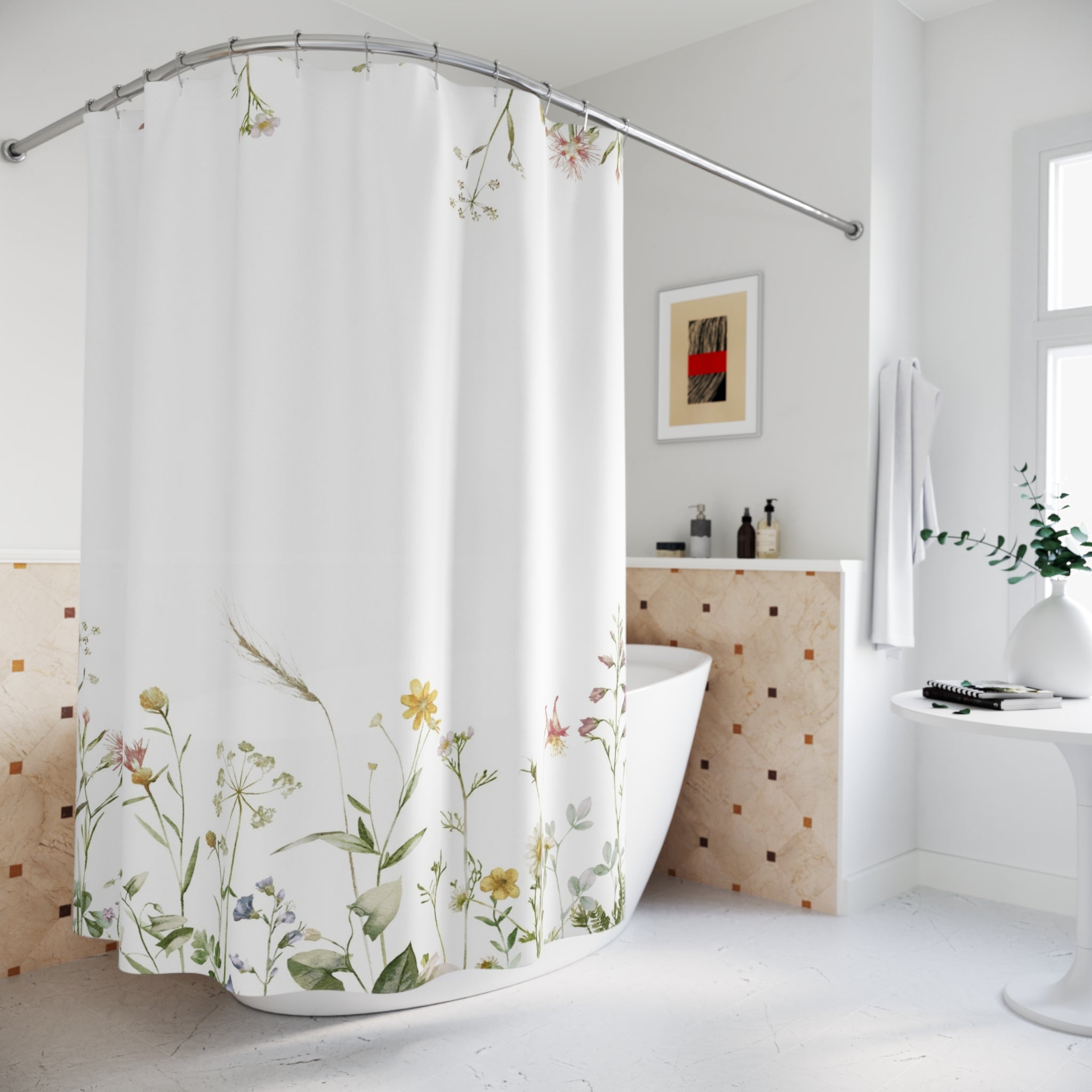 White Shower Curtain | Floral, Sage Green Leaves