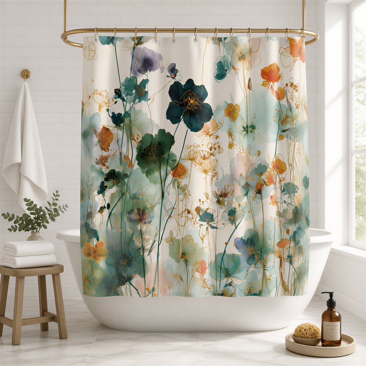 a bathroom with a white bathtub, a shower curtain with a floral pattern, and a wooden stool. There is also a bottle of soap on the floor next to the bathtub.