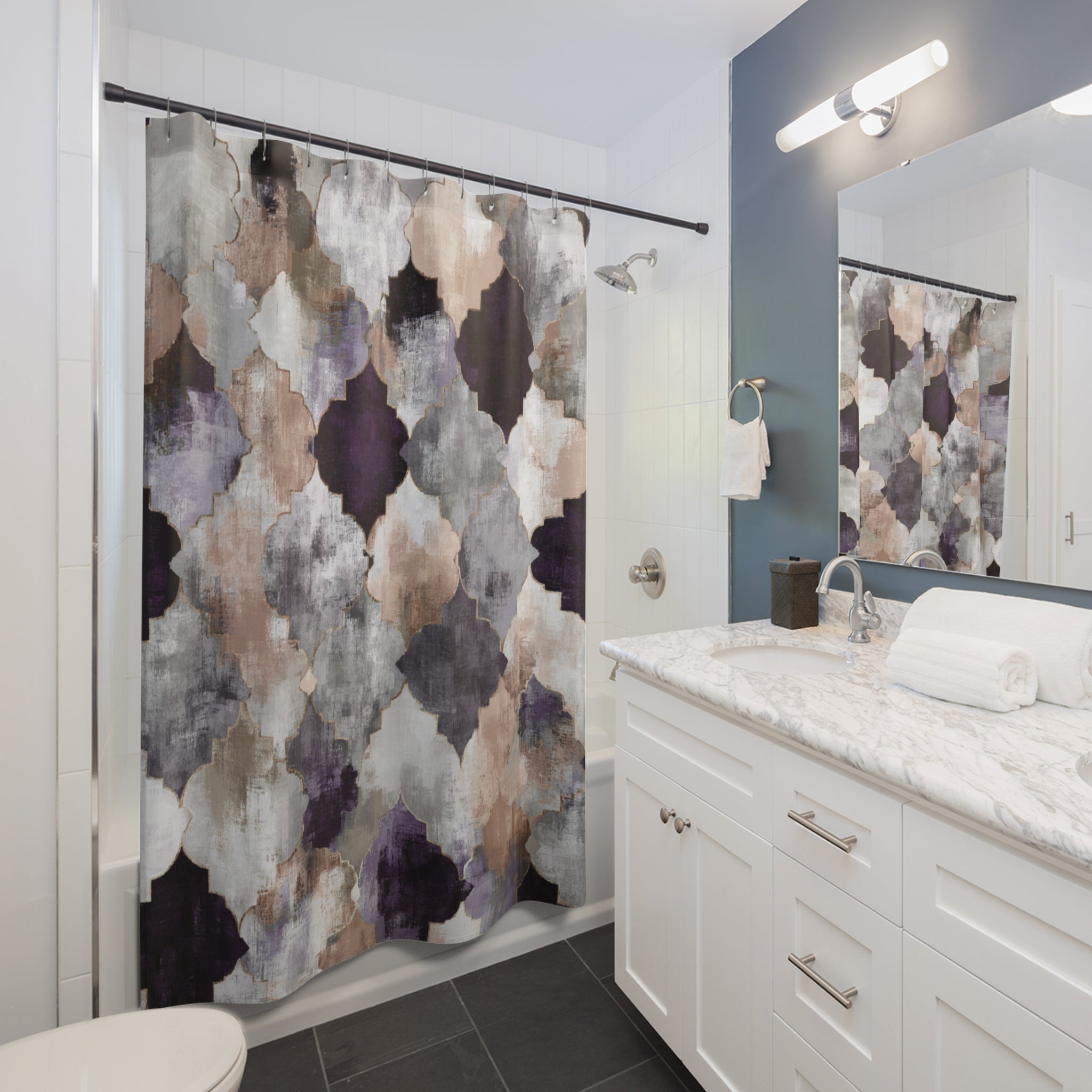 Rustic Moroccan Shower Curtain | Purple Grey Bathroom Decor