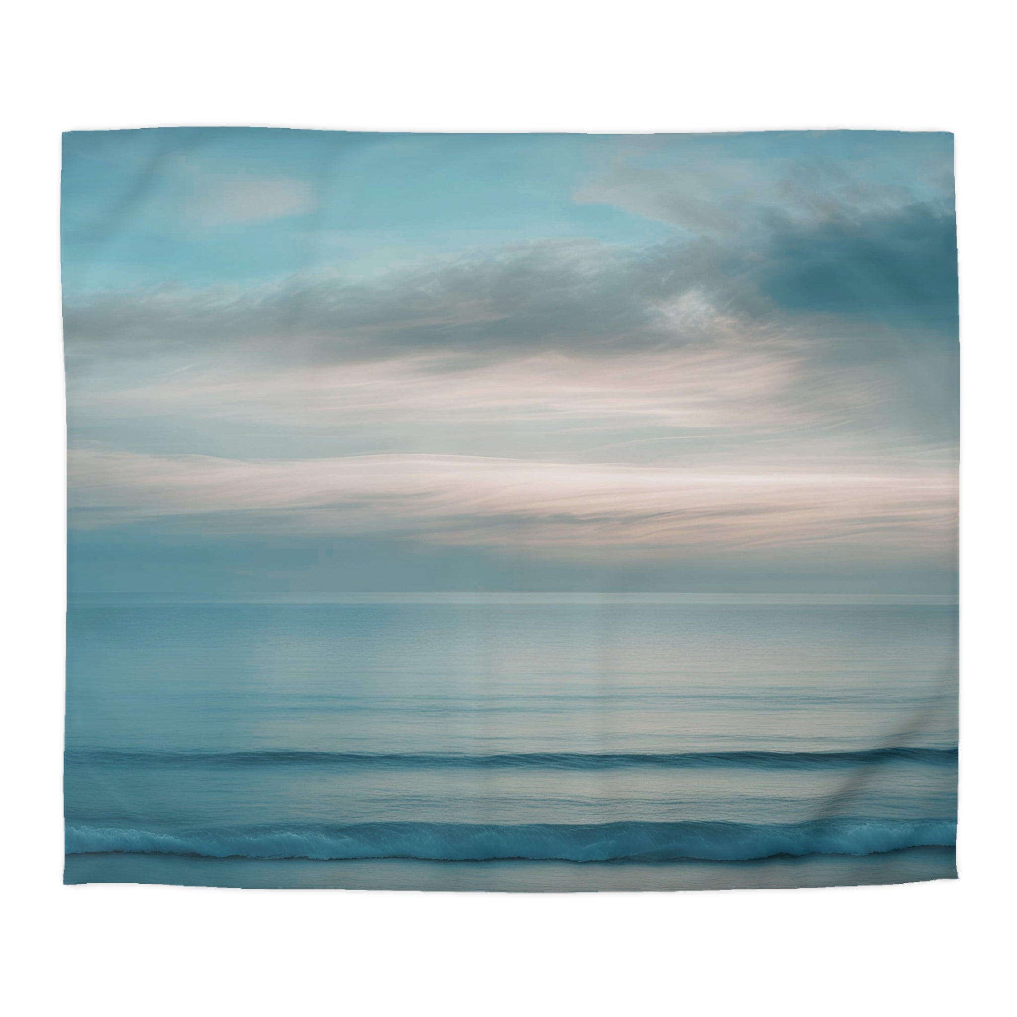 a serene ocean scene with a cloudy sky above.