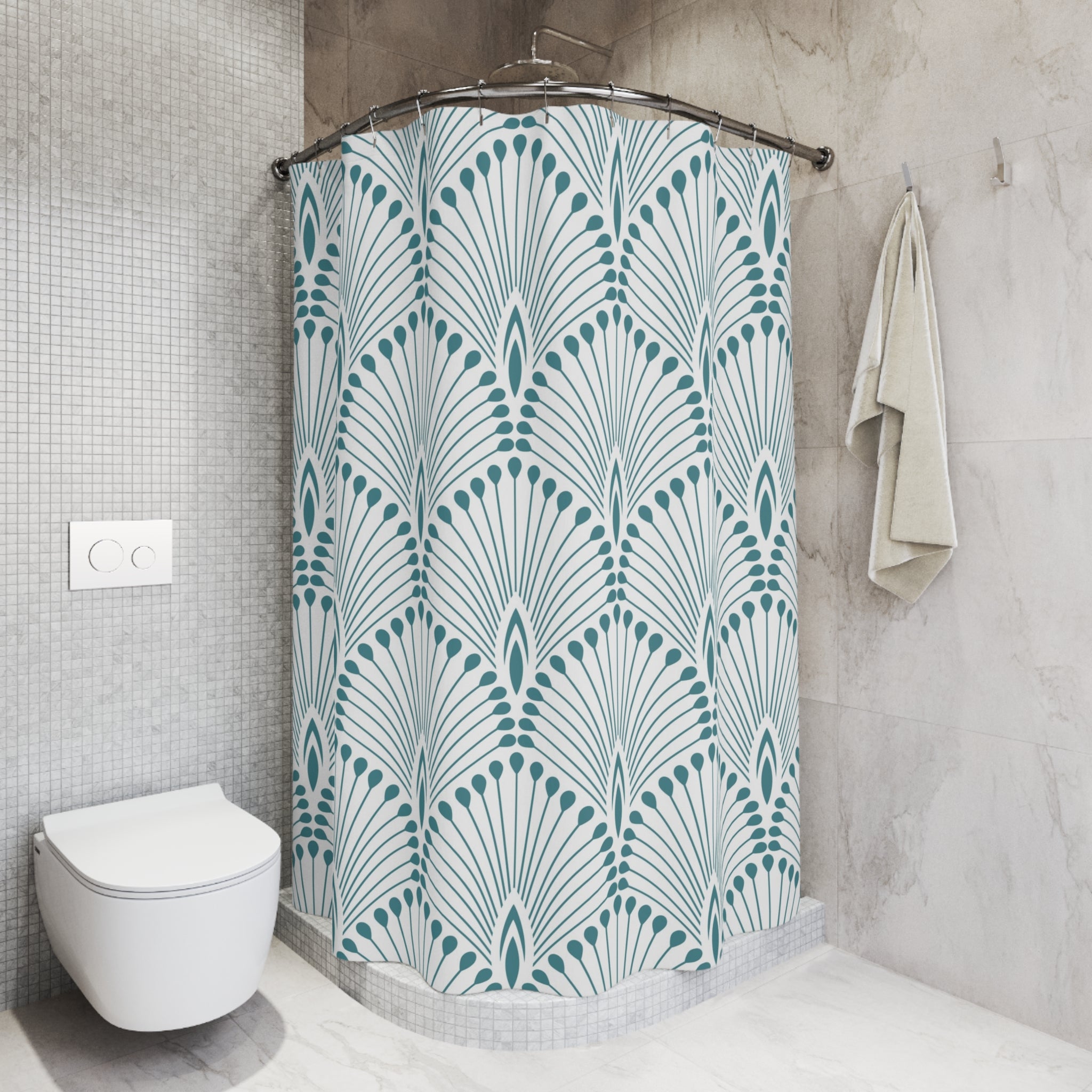Boho Shower Curtain | Vintage Blue White Art Deco Crane