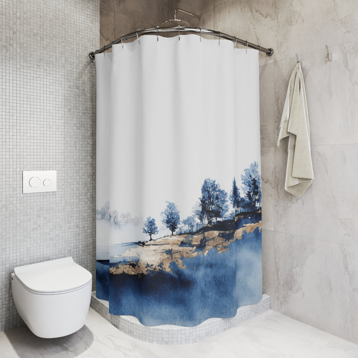 a bathroom with a shower curtain featuring a landscape scene, including trees and a body of water. The shower curtain is hanging from a rod, and there is a towel hanging on the wall next to it. The bathroom has a white toilet and a tiled wall, creating a clean and modern aesthetic.