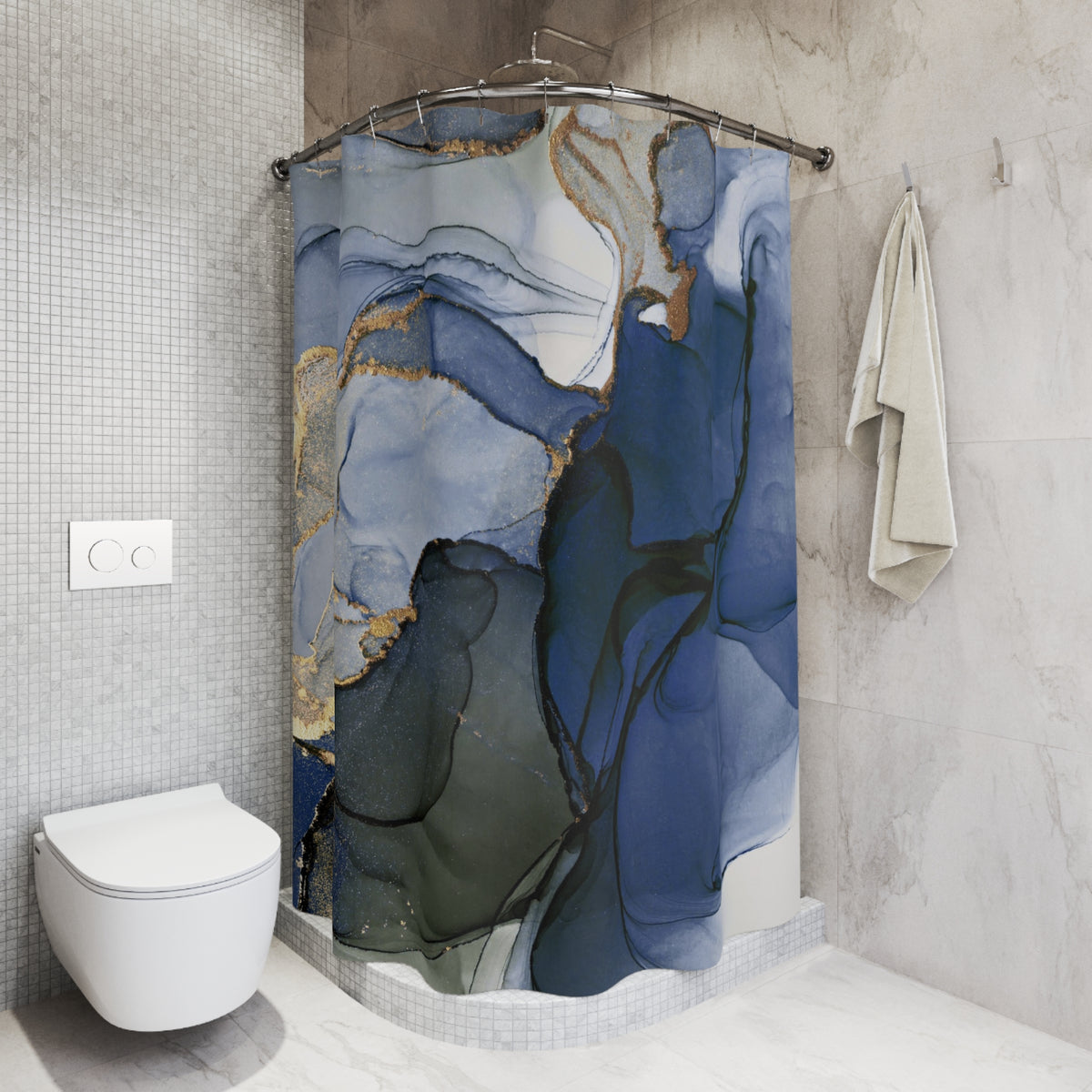 a bathroom with a shower curtain that has a marble-like design in shades of blue and green. The shower curtain is hanging on a rod next to a towel. The bathroom also includes a toilet and a sink.