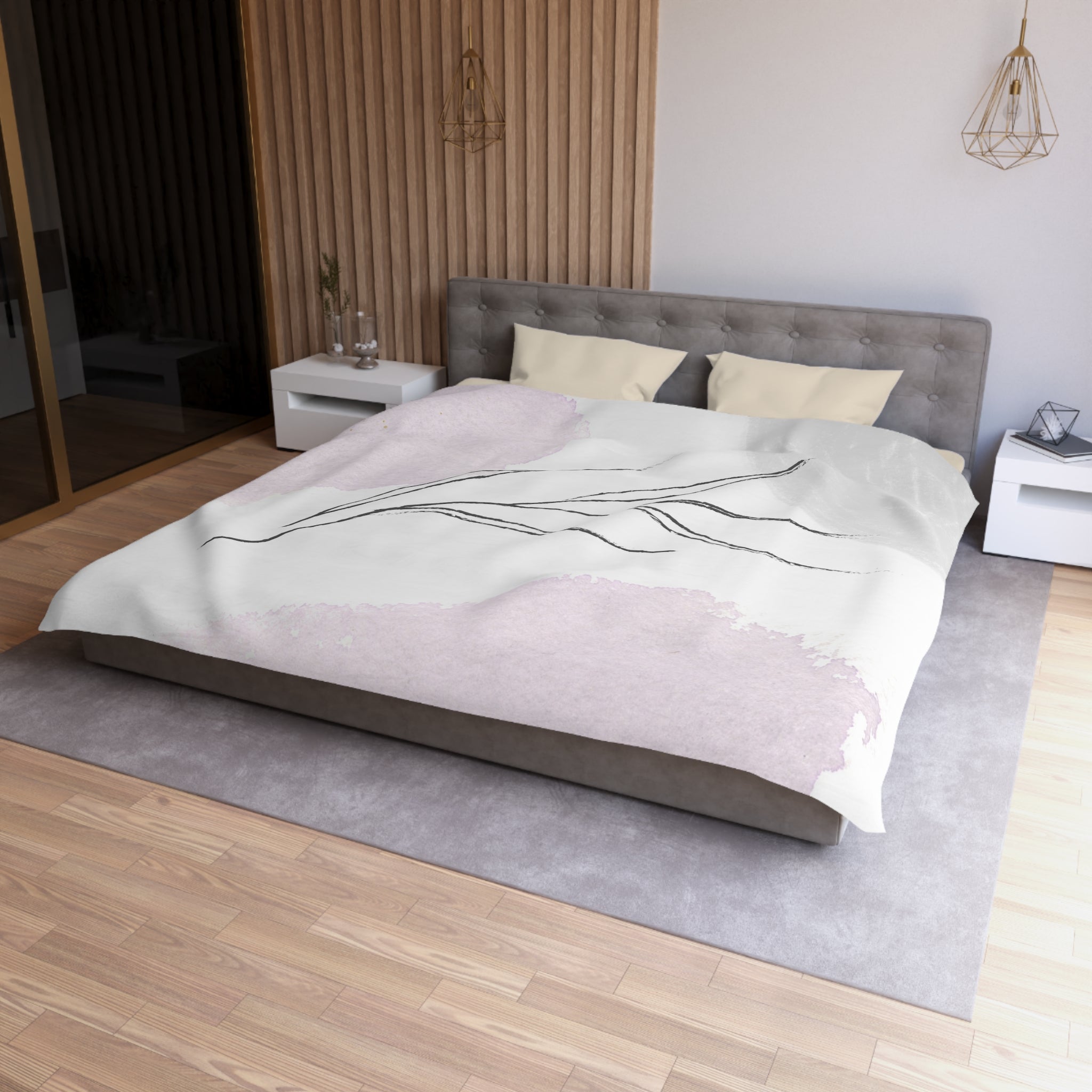 a modern bedroom with a large bed, a gray headboard, and a wooden wall. The bed has a white and pink abstract design on the comforter, and there are two pillows on the bed. The room also includes a nightstand, a rug, and a pendant light fixture.