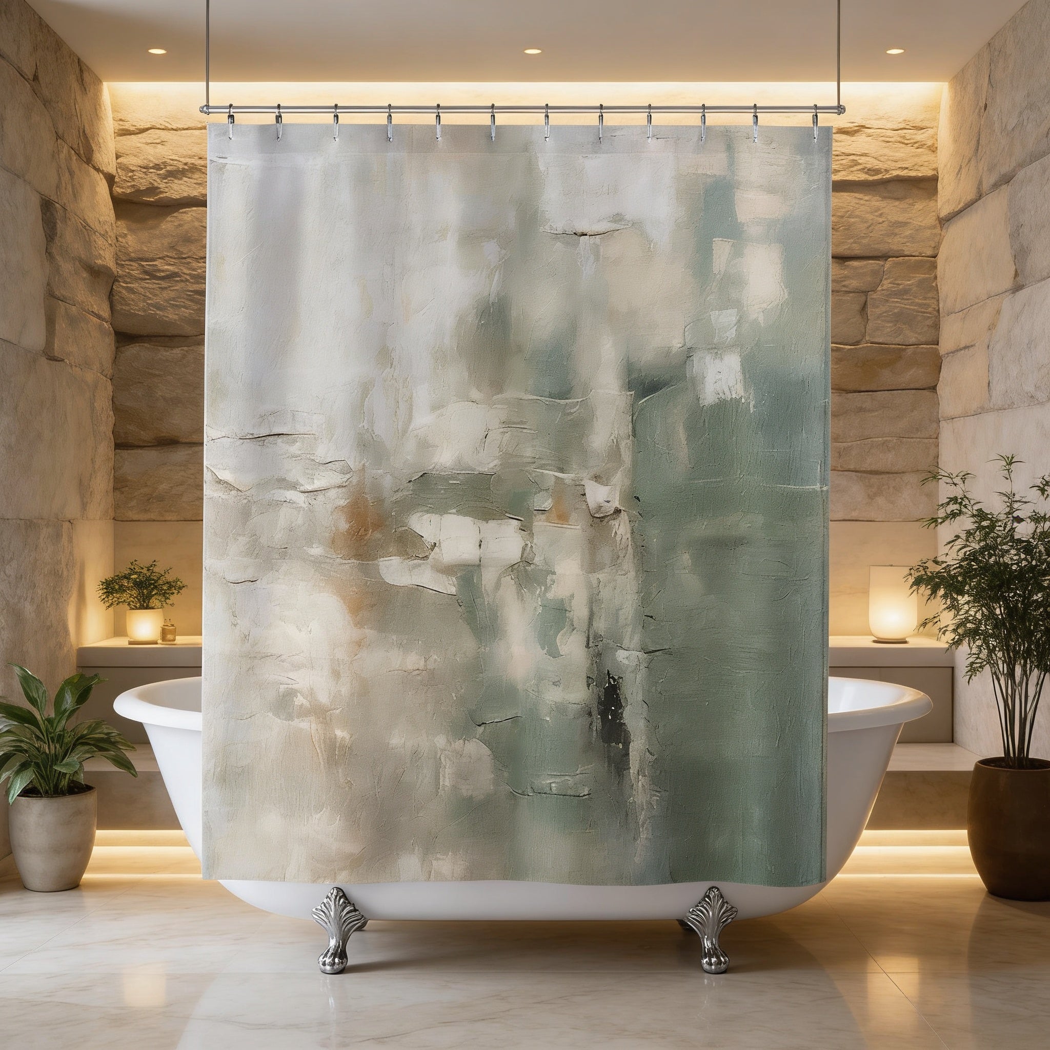a modern bathroom with a large abstract painting hanging above a white clawfoot bathtub. The painting has a mix of green and white colors, creating a serene and calming atmosphere. The bathtub is positioned in the center of the room, with a potted plant on the left side and a stone wall on the right side. The overall design of the bathroom is clean and minimalist, with a focus on the bathtub and the painting as the main decorative elements.