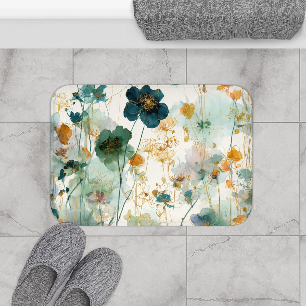 a bathroom floor with a floral patterned bath mat, a pair of gray slippers, and a rolled-up gray towel.