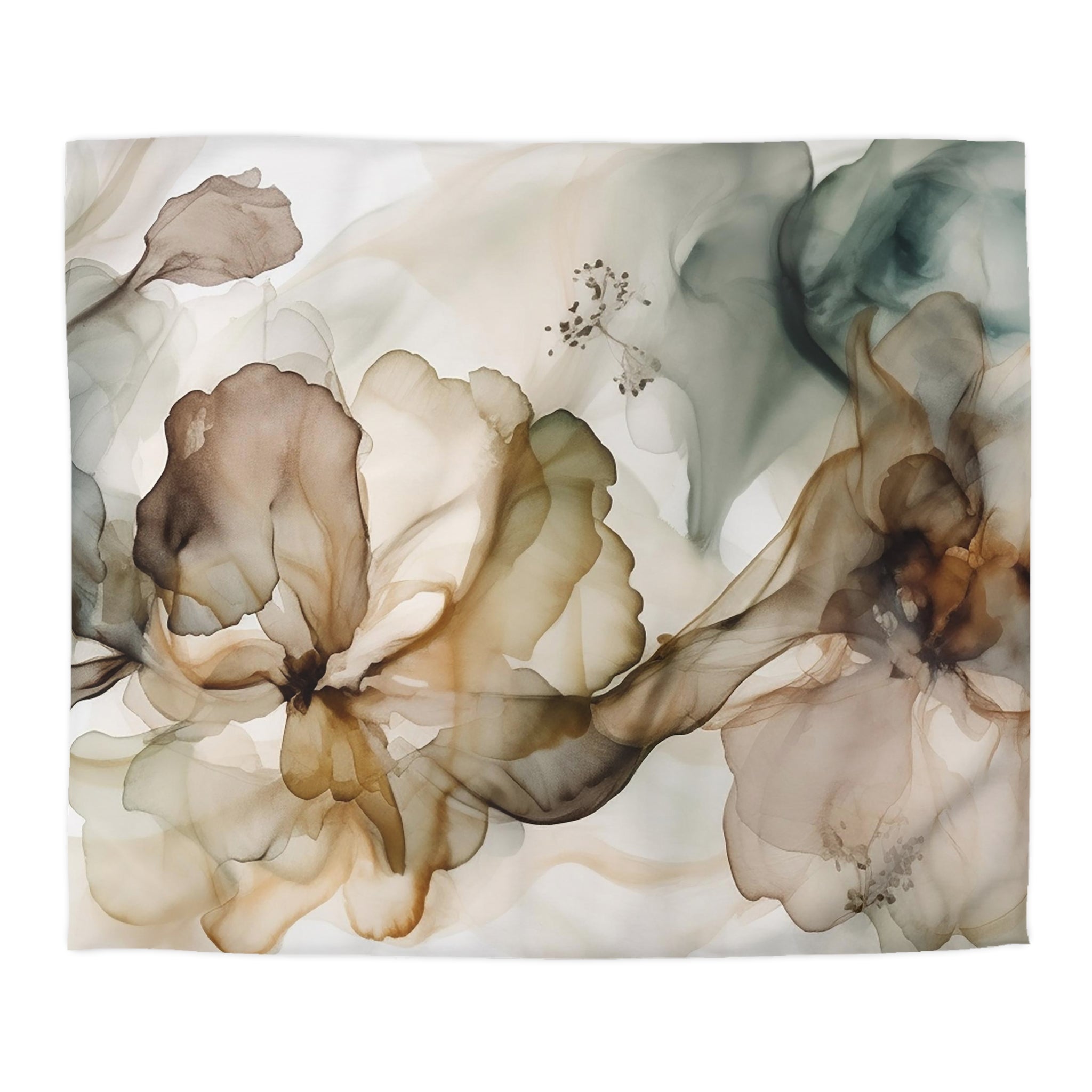 The image is a collage of abstract floral designs, featuring various shades of brown, beige, and green. The flowers appear to be floating or floating in a misty, ethereal atmosphere.