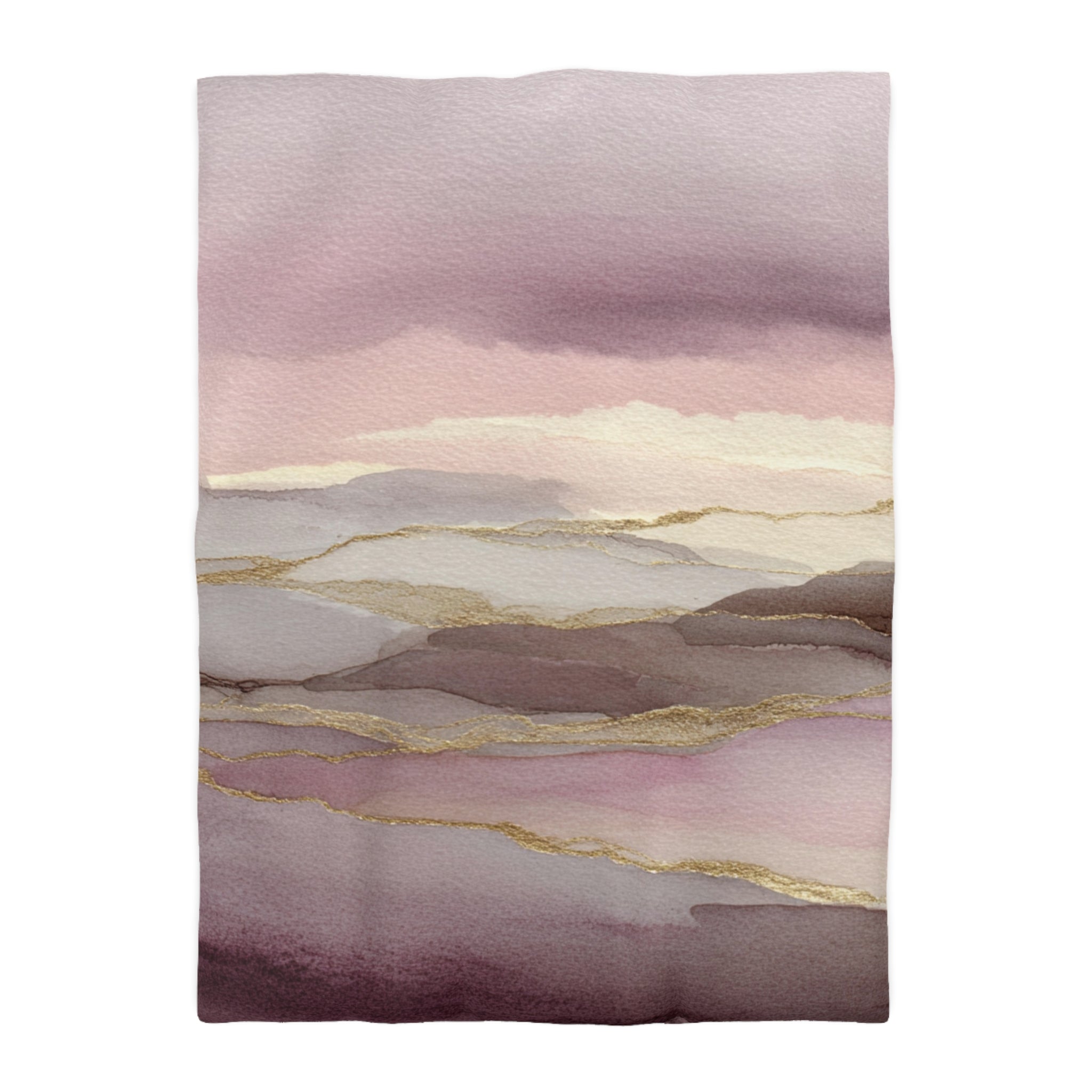 The image is a watercolor painting depicting a landscape with a gradient of pink and purple hues, with gold lines adding texture and depth to the scene.
