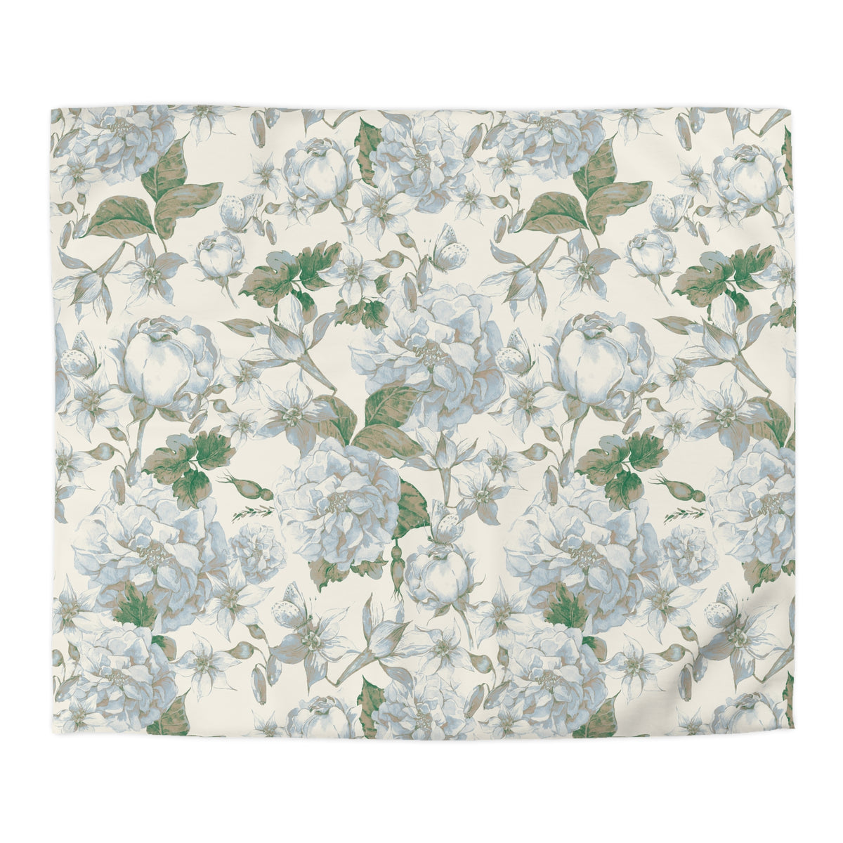 a repeating floral pattern with white and green flowers and leaves.