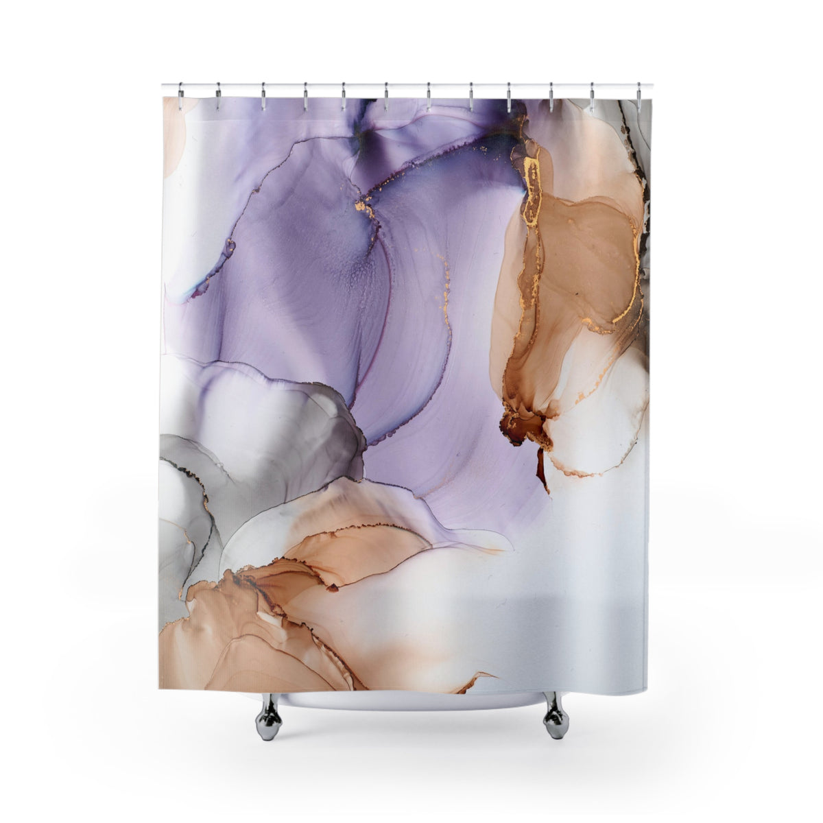 a shower curtain with a vibrant abstract design in shades of purple, orange, and gray.