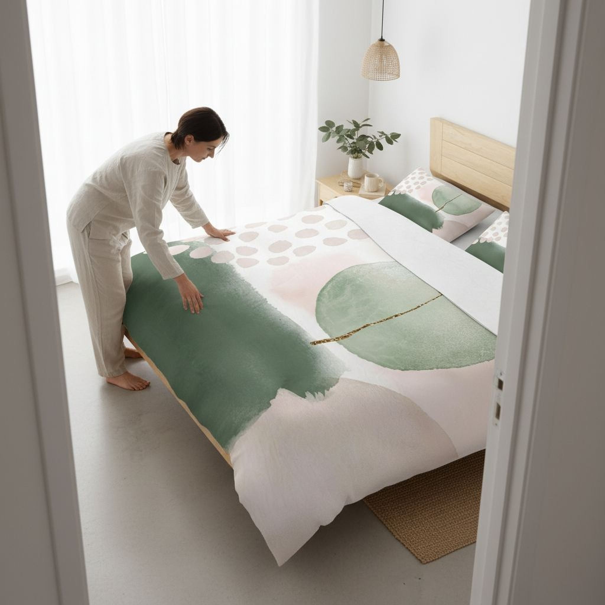 A woman is arranging a bed with a colorful, abstract-patterned comforter and pillows in a bedroom.