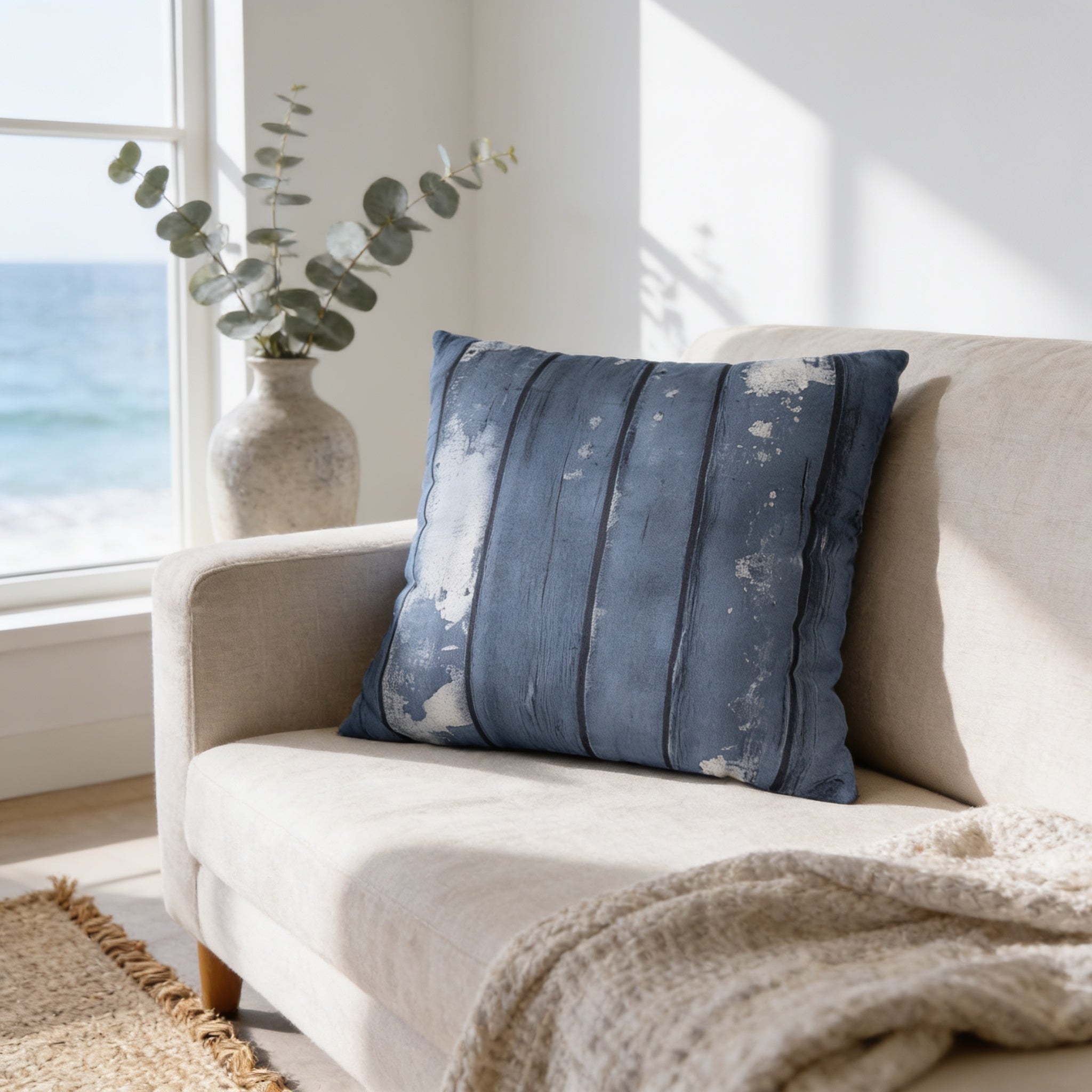 a cozy living room with a beige sofa, a blue throw pillow with a white pattern, and a vase of greenery on the windowsill. The room has a window overlooking the ocean, creating a serene and relaxing atmosphere.