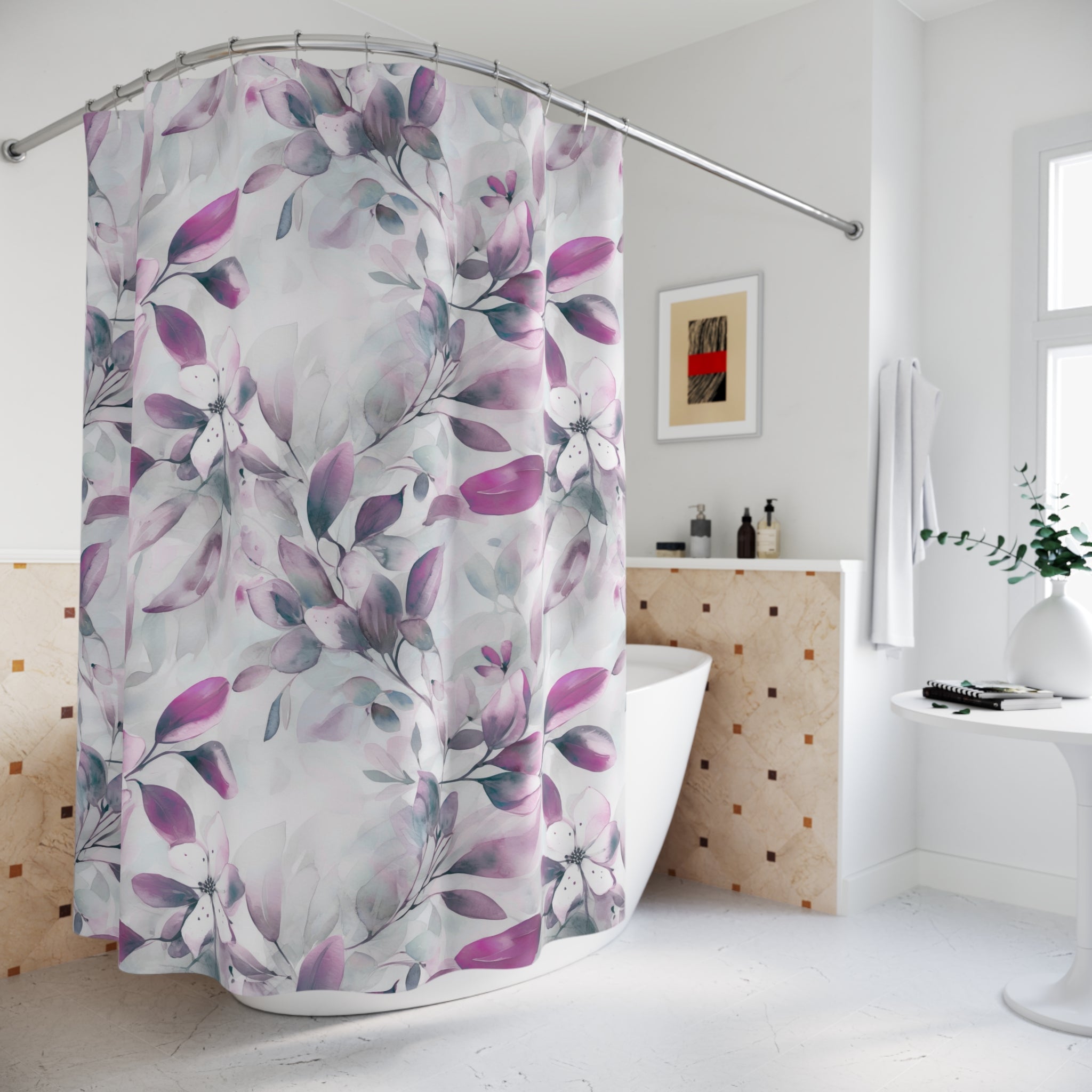 Boho Floral Shower Curtain | Pink Grey Leaves Bathroom