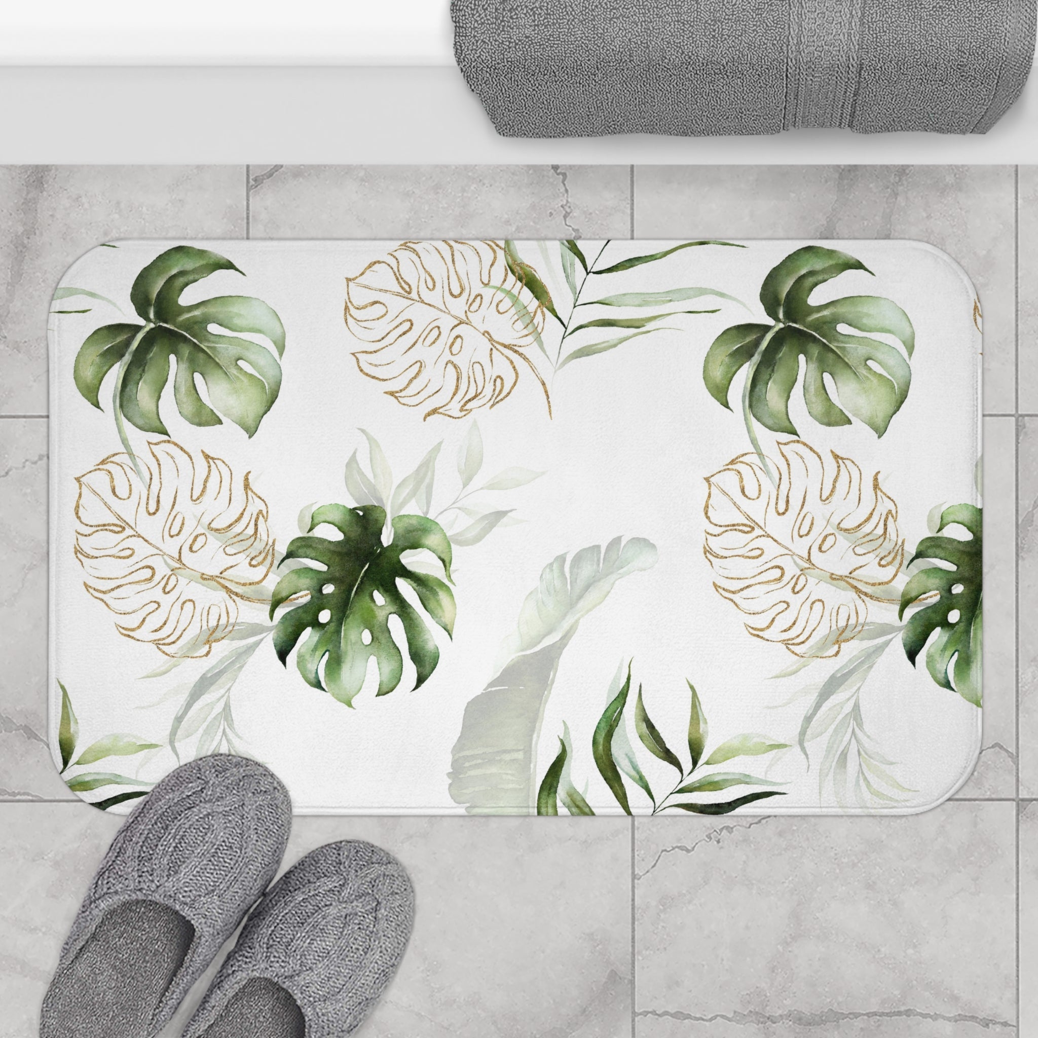 Floral Bath Mat | Green Monstera Leaves