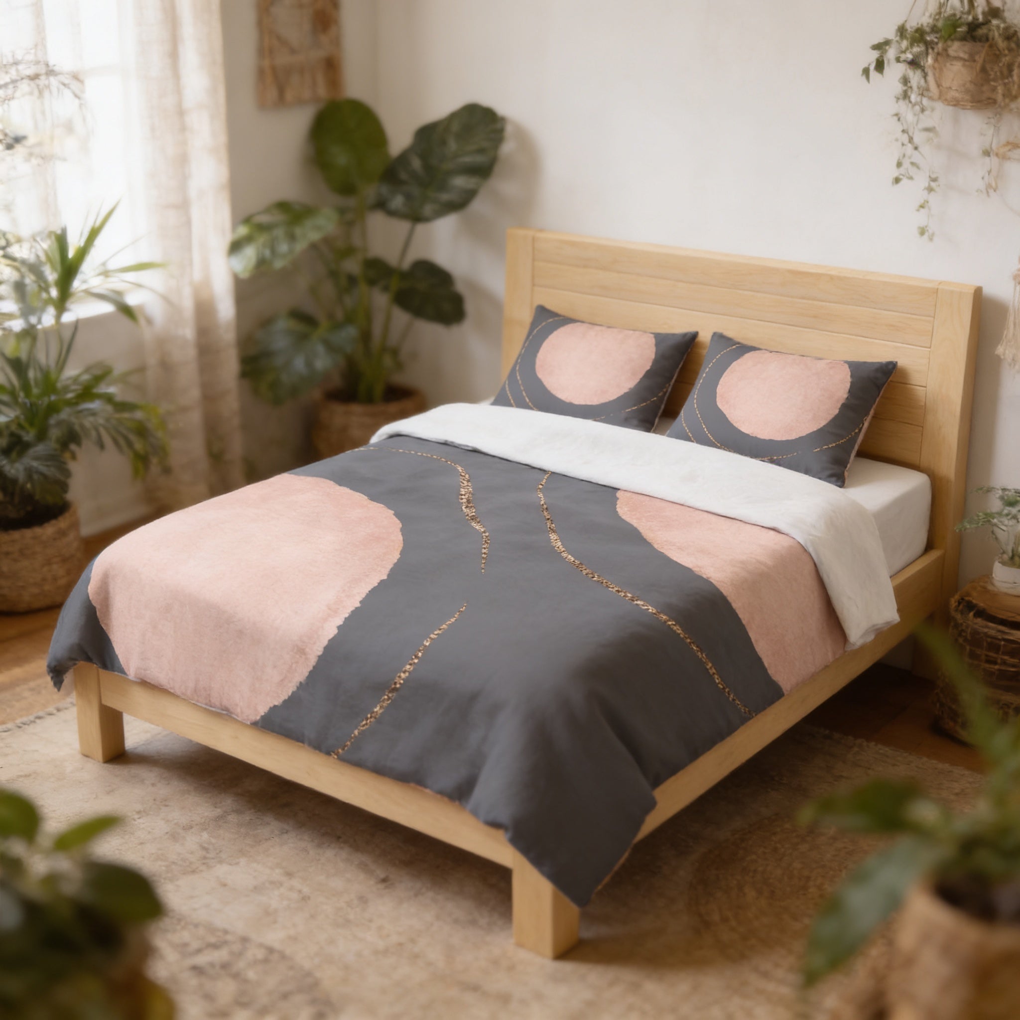 a bedroom with a wooden bed frame, a gray and pink patterned comforter, and two matching pillows. The room is decorated with several potted plants, creating a cozy and natural atmosphere.