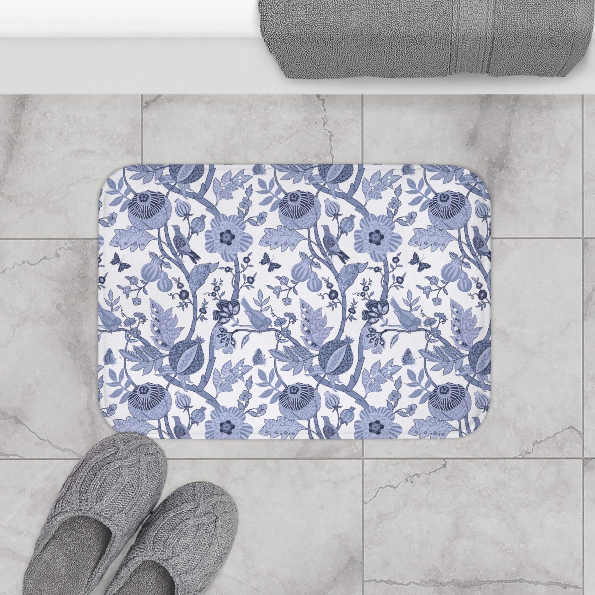 Chinoiserie Bath Mat | Blue White Floral Kitchen Mat