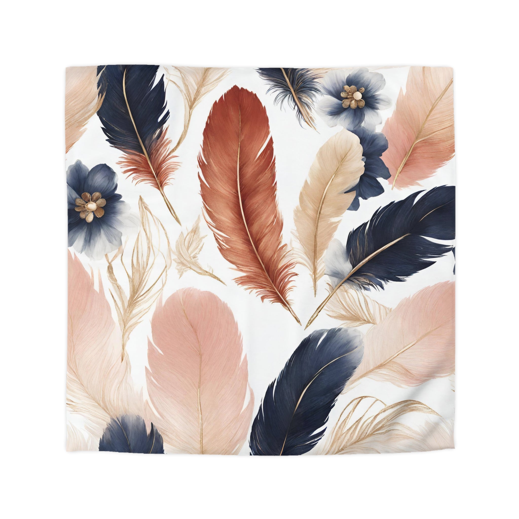 a vibrant and colorful pattern of feathers in various shades of blue, pink, and orange, scattered across a white background.