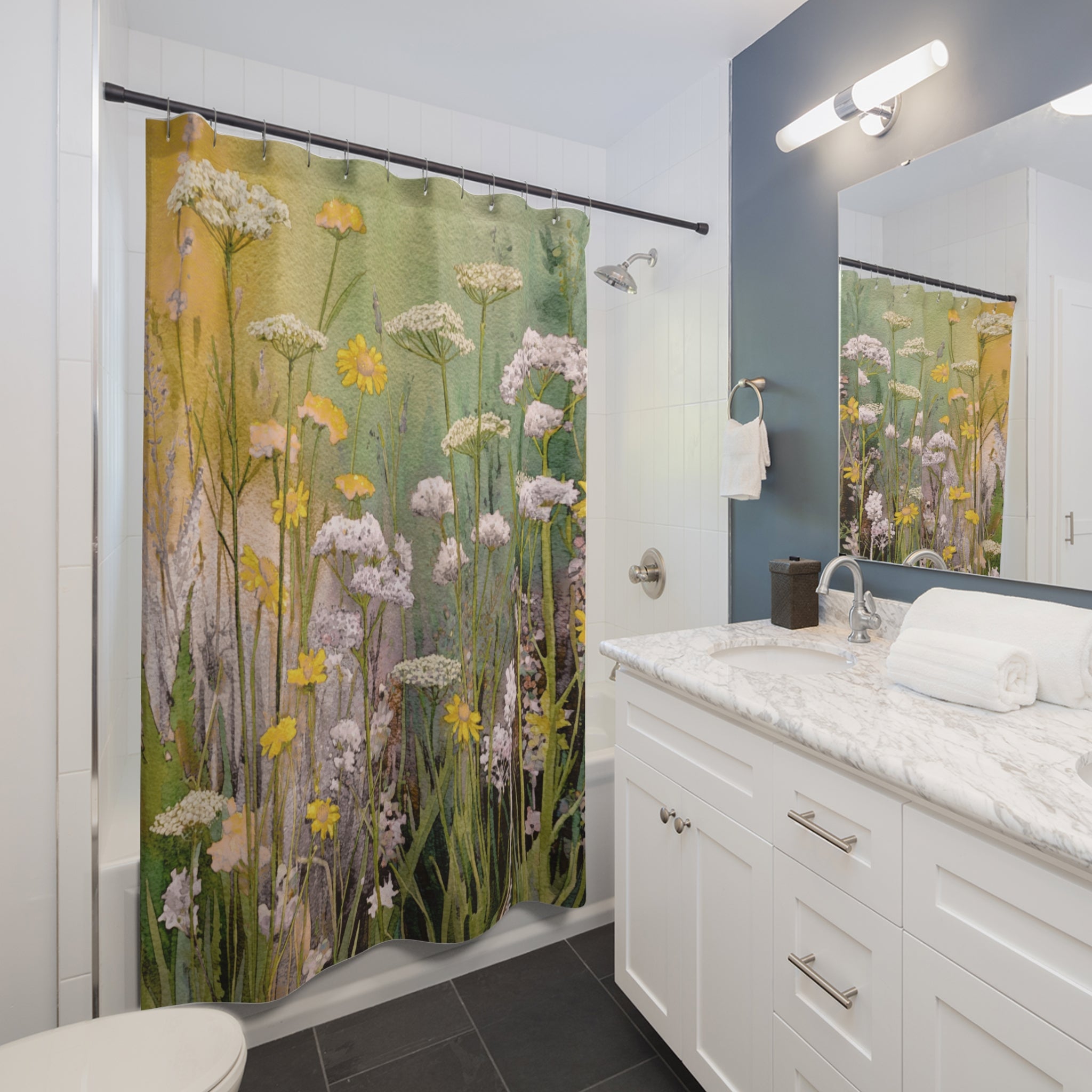 Abstract Floral Shower Curtain | Yellow Green Wildflowers Bathroom Decor