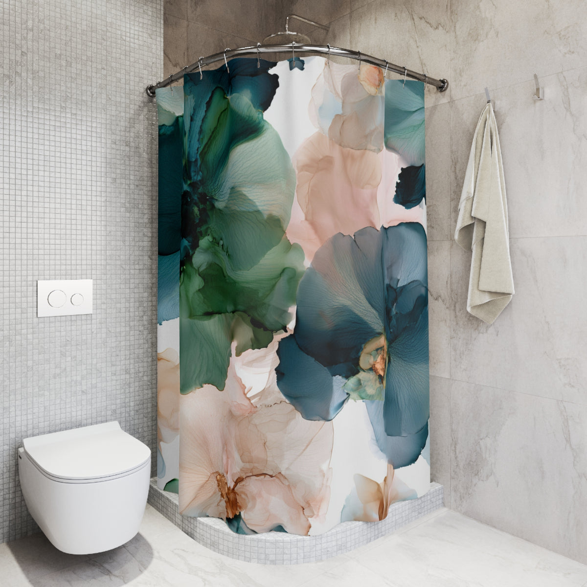 a white toilet sitting next to a shower curtain