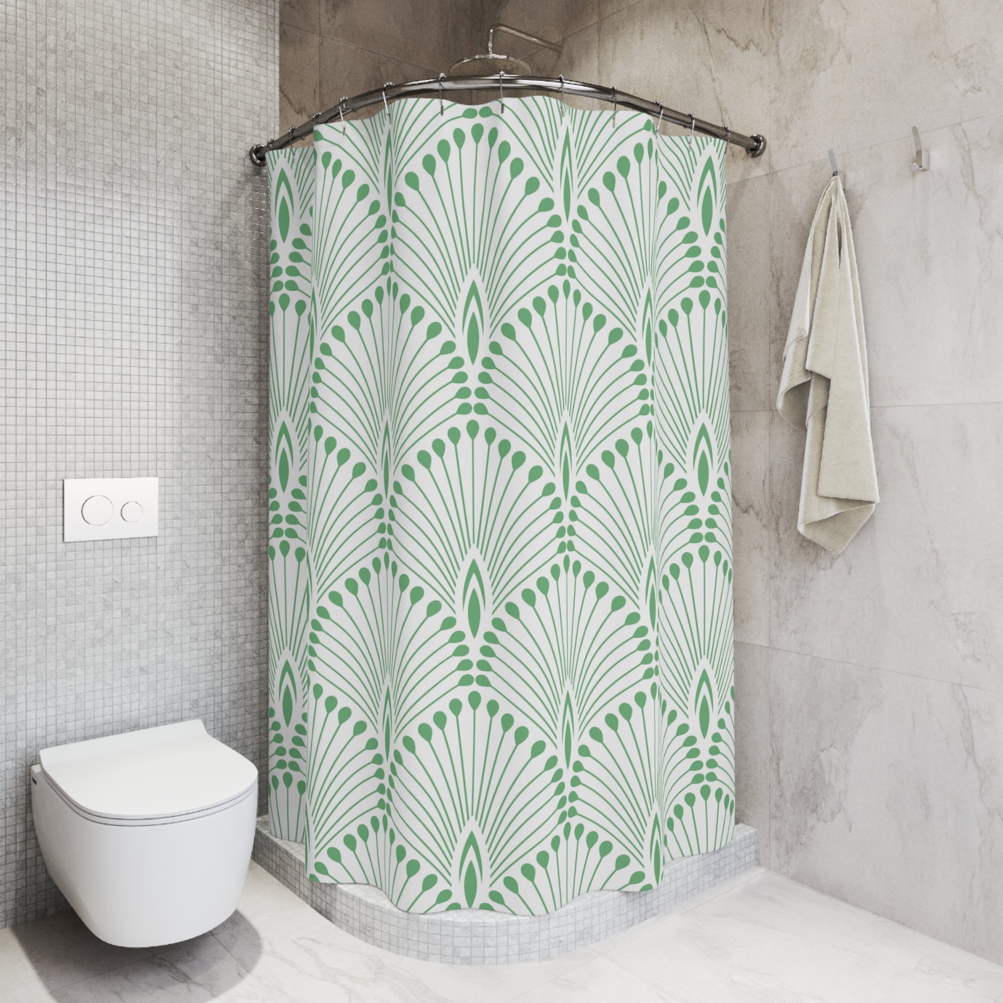 Boho Shower Curtain | Vintage Sage Green White Art Deco Crane