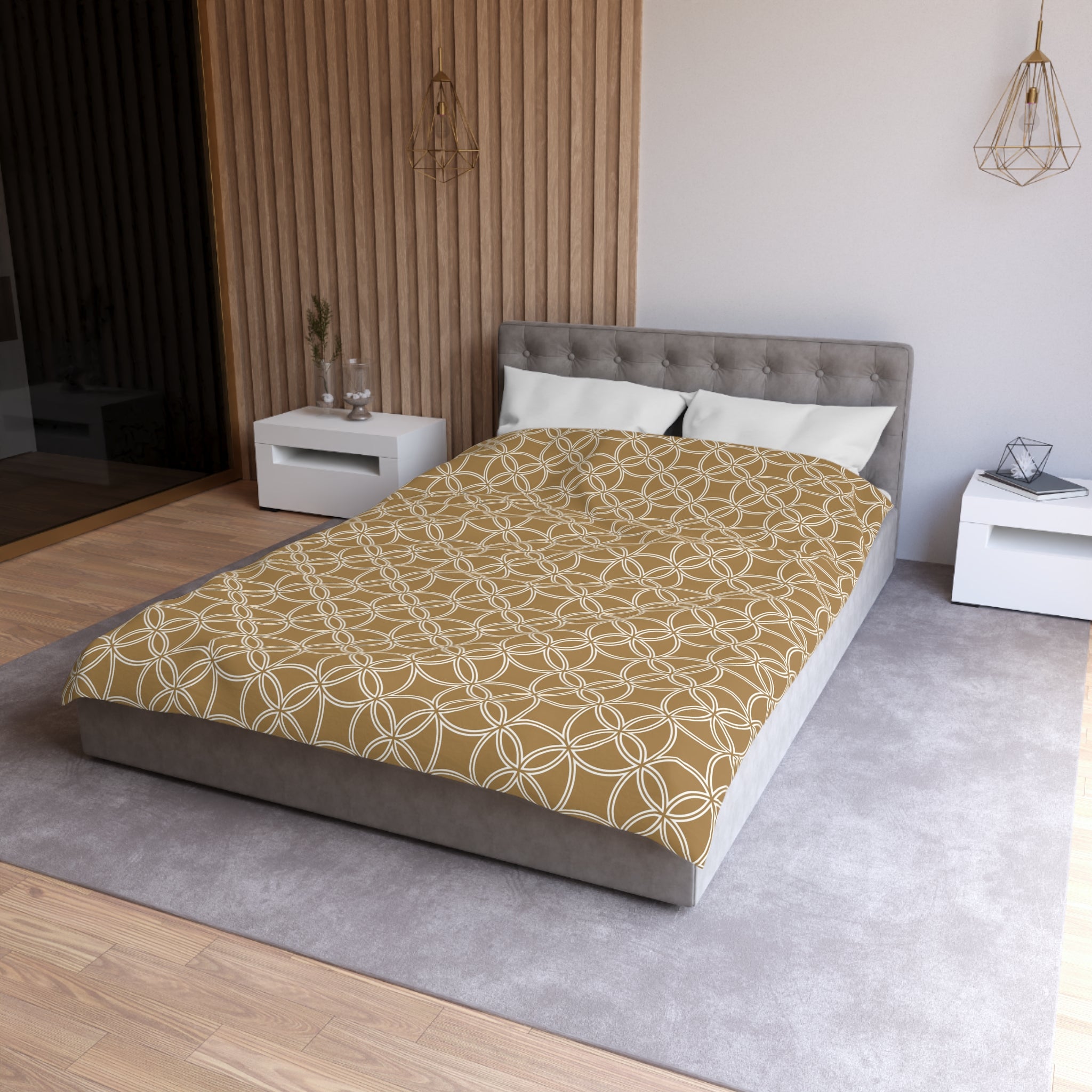a modern bedroom with a large bed, a gray headboard, and a wooden wall. The bed is covered in a patterned comforter, and there are two nightstands on either side of the bed. The room has a neutral color scheme with a gray carpet and a wooden floor.
