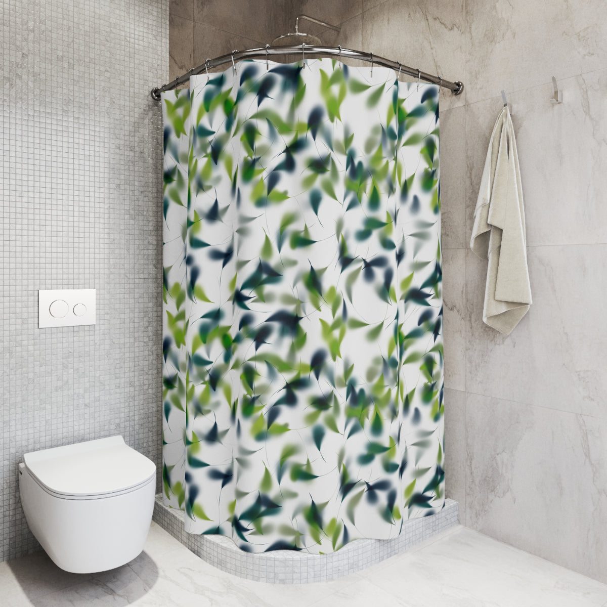 a bathroom with a shower curtain featuring a leafy green and white pattern. The shower is located next to a toilet, and there is a towel hanging on the wall.