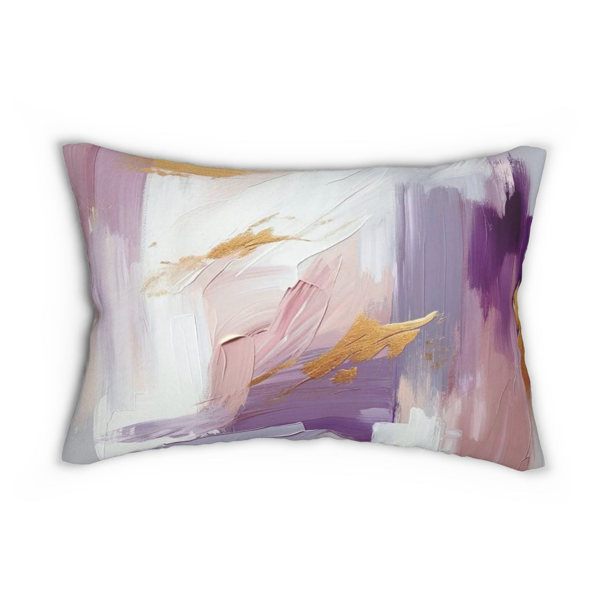 an abstract painting with a mix of pink, purple, and white colors, along with gold accents.