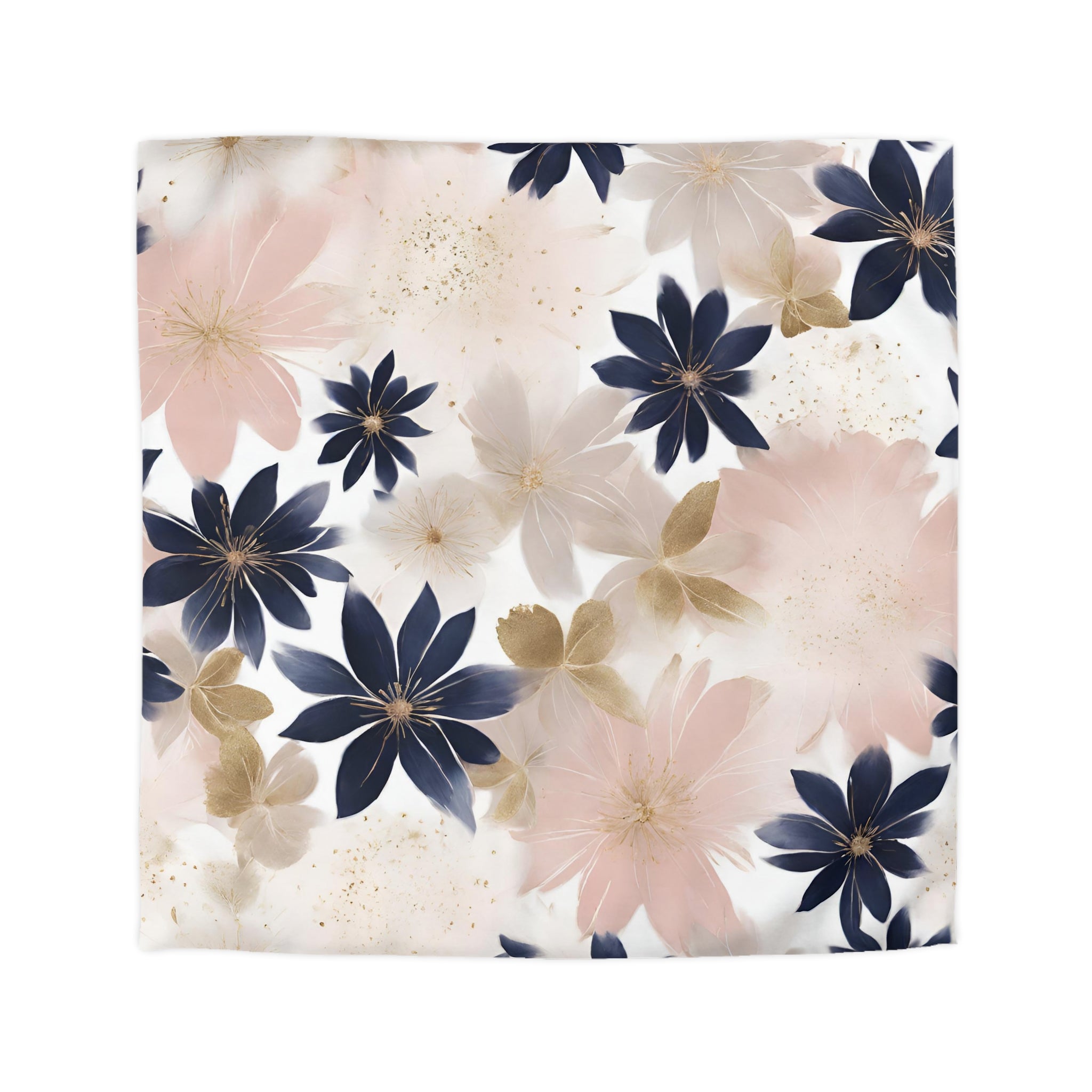 a square-shaped floral pattern with a mix of blue, pink, and white flowers. The flowers are arranged in a visually appealing manner, creating a sense of depth and texture.