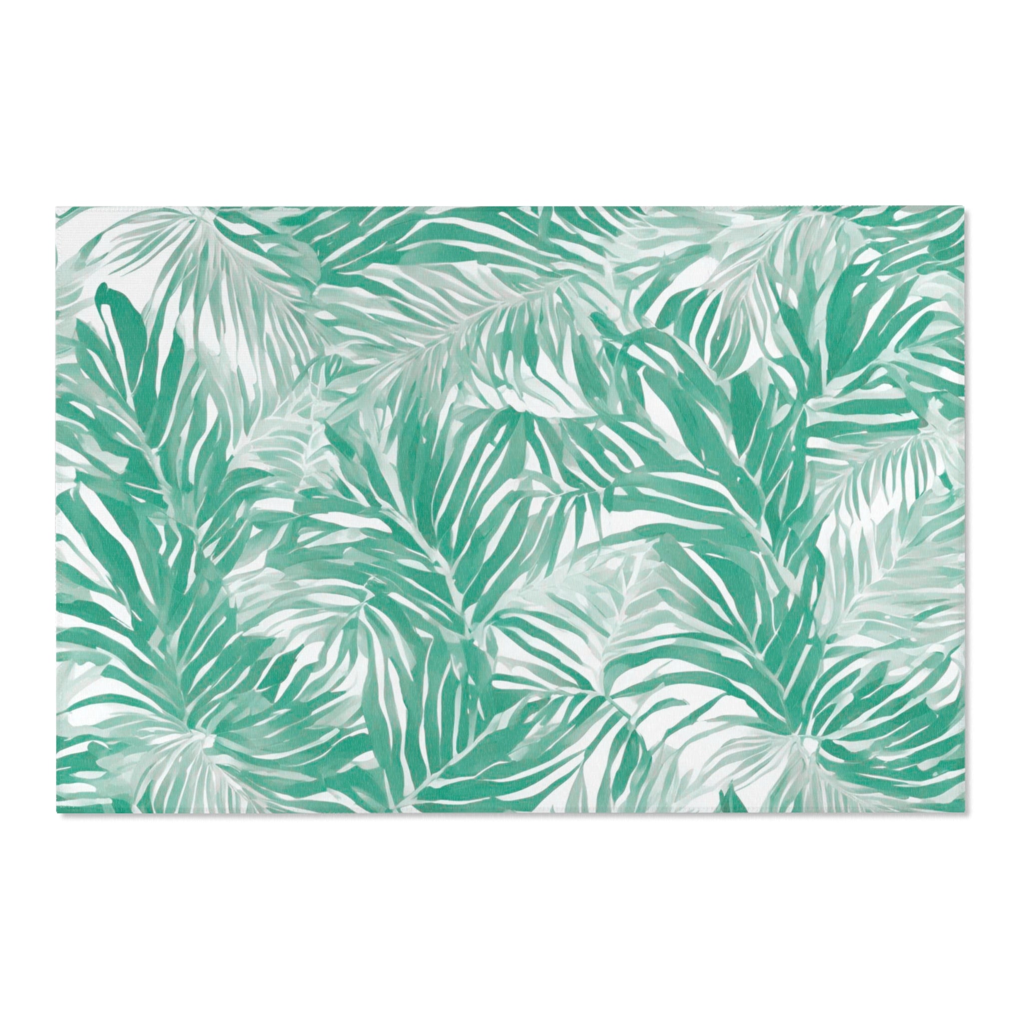 Floral Area Rug | Green White Leaves Watercolor Rug