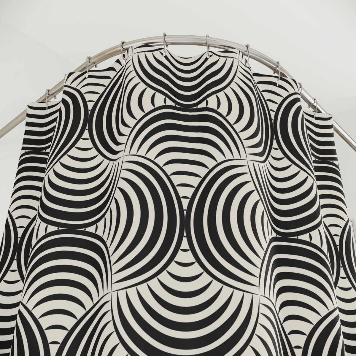 a black and white abstract pattern with curved lines and shapes, creating a visually striking and dynamic design.