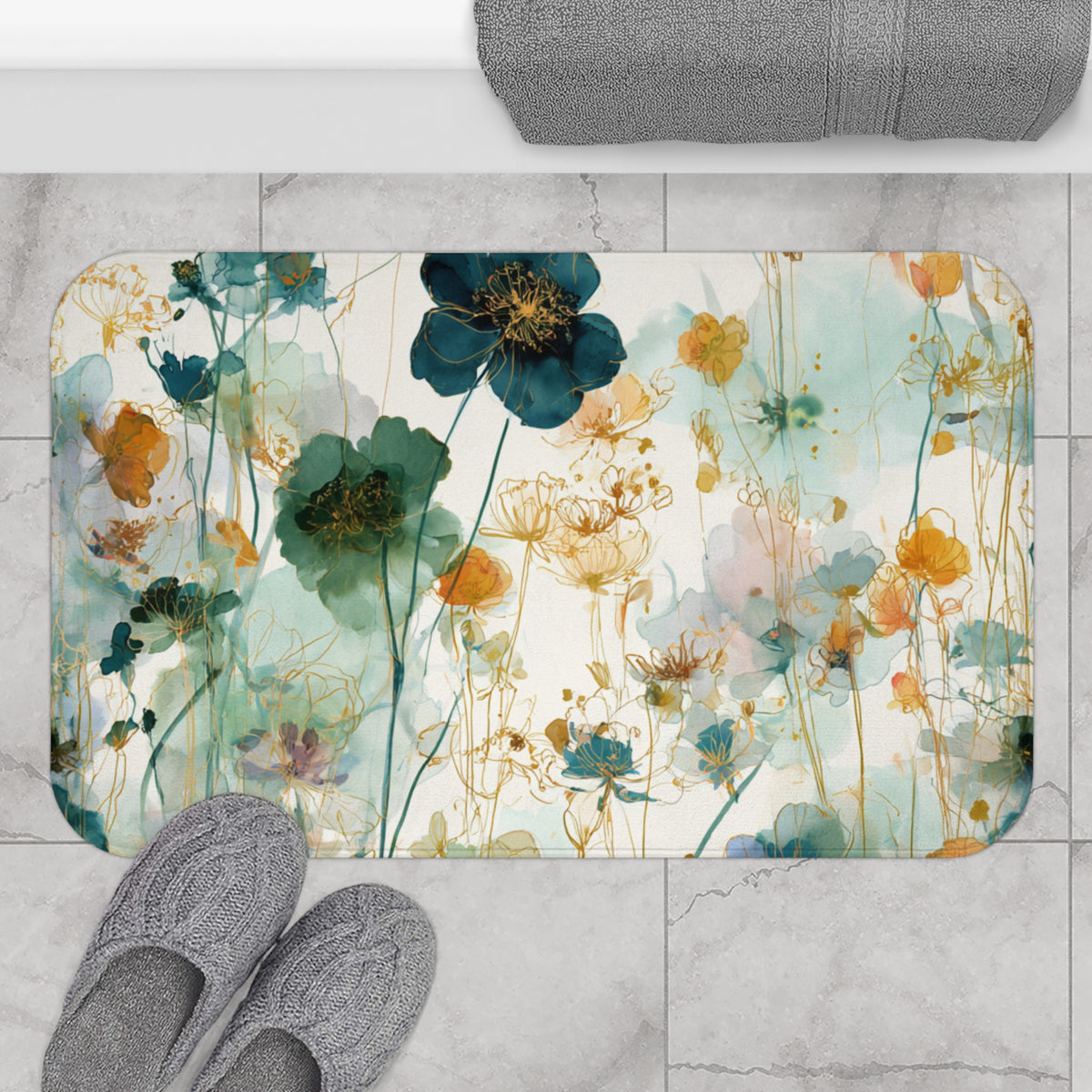 a bathroom floor with a decorative floral pattern on a rectangular mat. The mat is placed on a tiled floor, and there are two pairs of gray slippers positioned next to it.