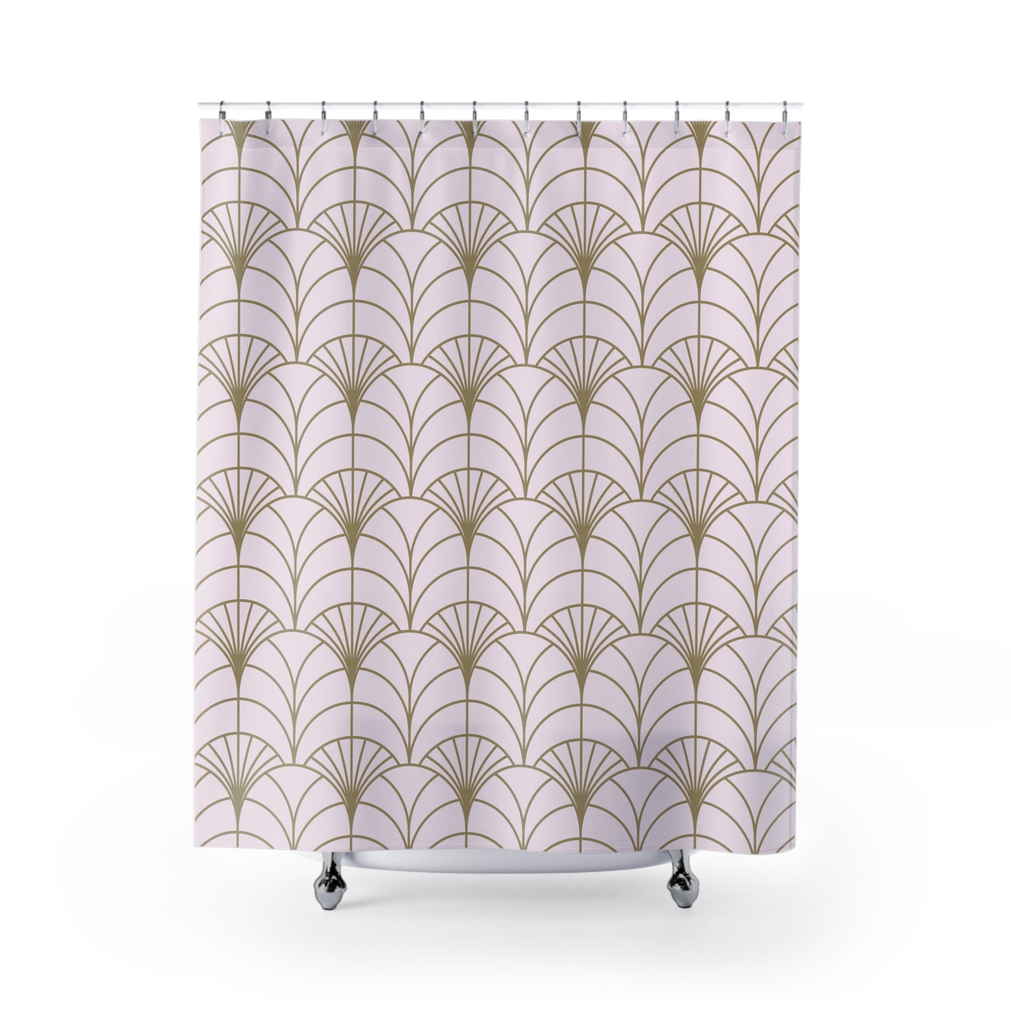 a shower curtain with a repeating pattern of gold and pink lines, resembling a fan or a decorative design.