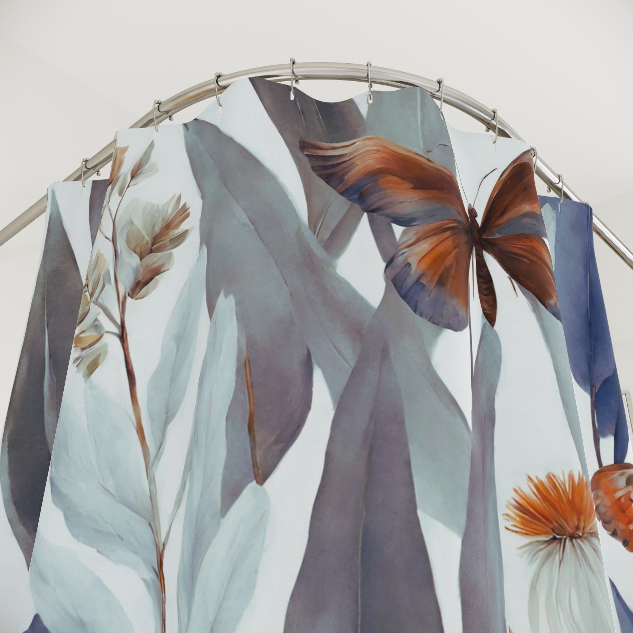 Boho Shower Curtain | Abstract Blue White, Orange Butterflies