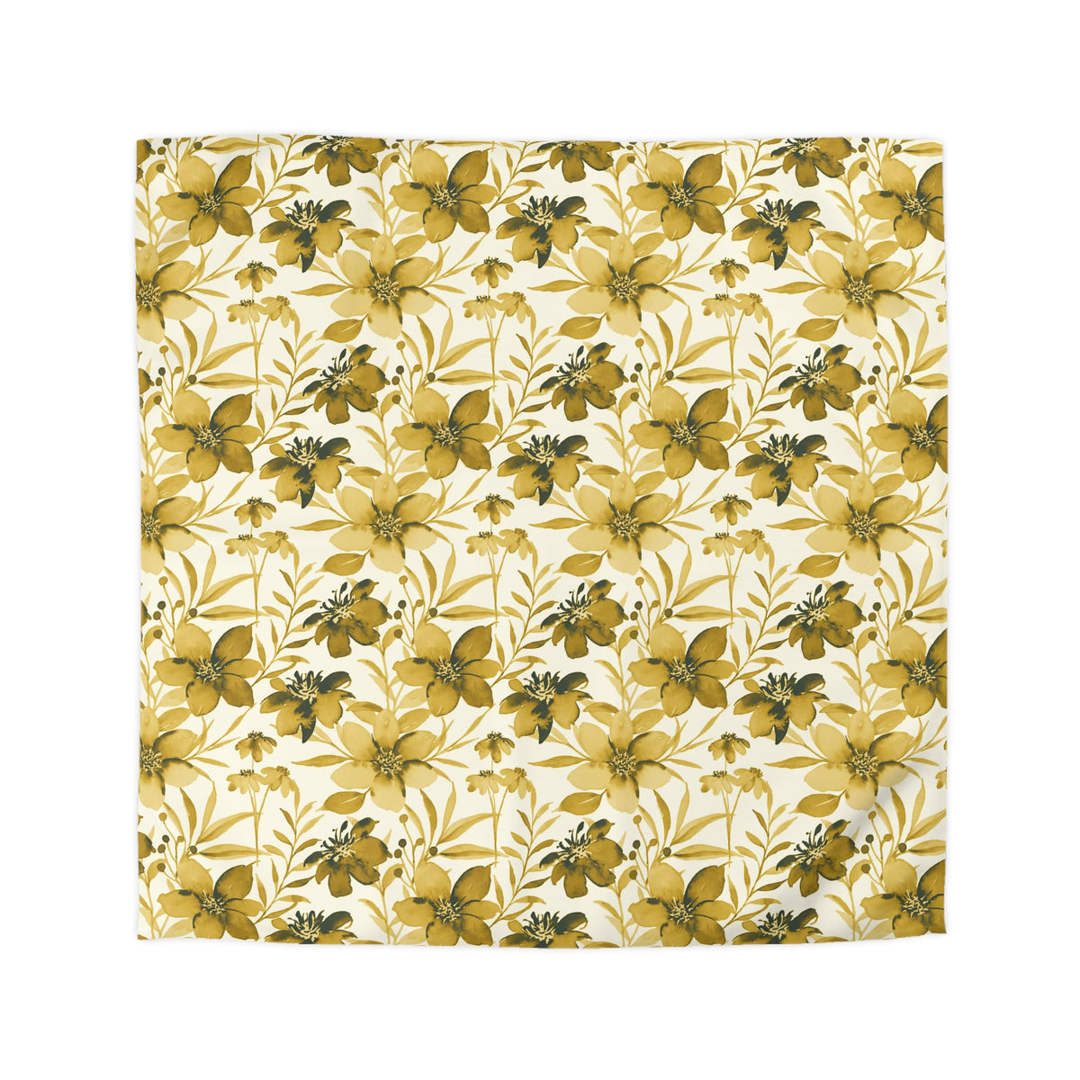 a repeating pattern of yellow flowers with green leaves on a white background.