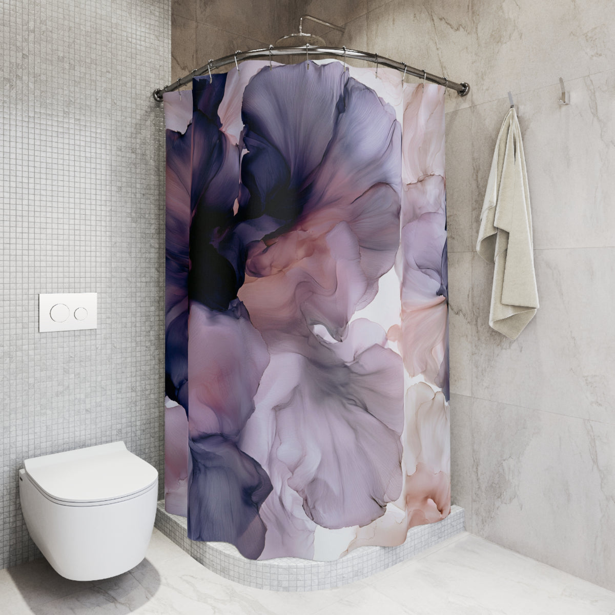 a white toilet sitting next to a shower curtain