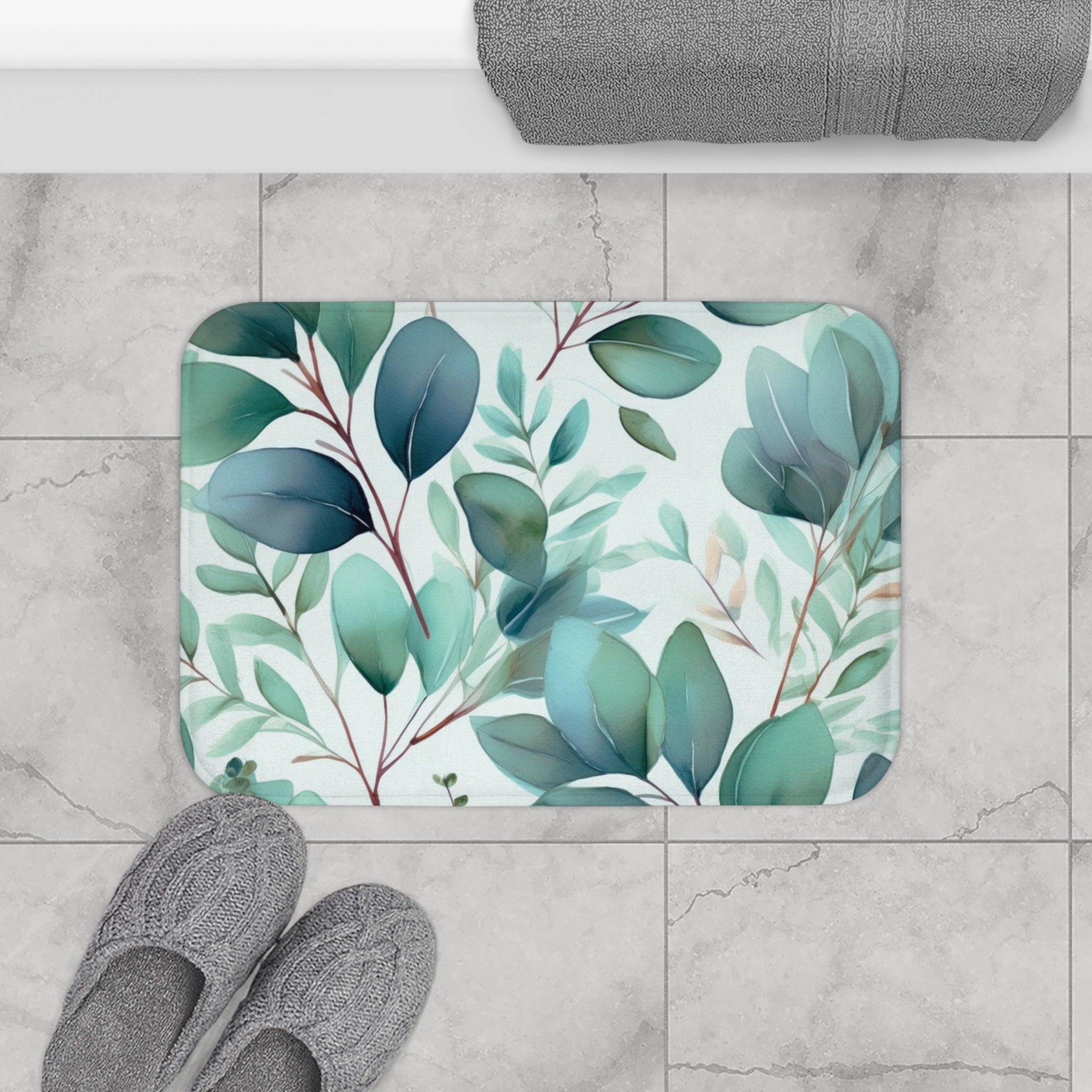 Green Leaves Bath Mat | Teal Blue White Colorful Kitchen Mat