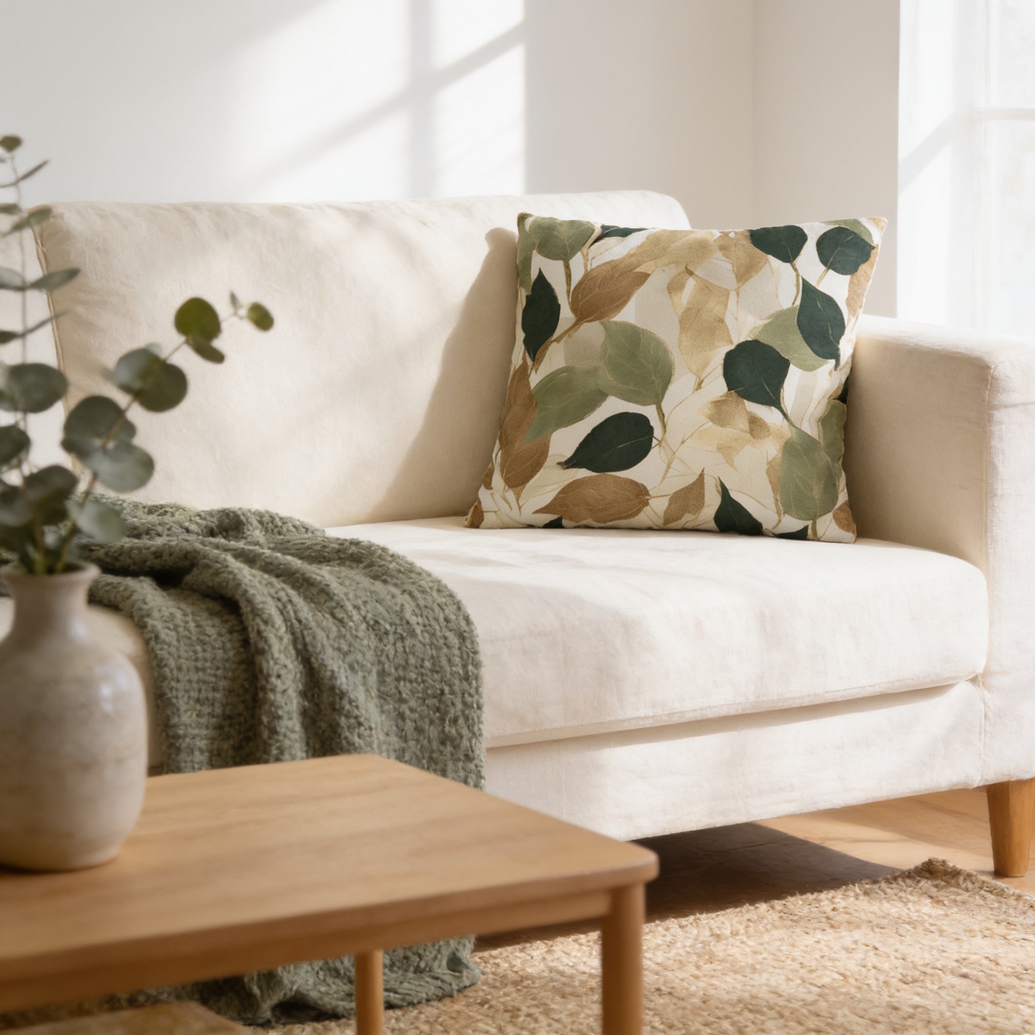 a cozy living room with a white sofa adorned with a green and brown leaf-patterned throw pillow. A wooden coffee table sits in front of the sofa, and a vase with greenery adds a touch of nature to the space. The room is bathed in soft light, creating a warm and inviting atmosphere.