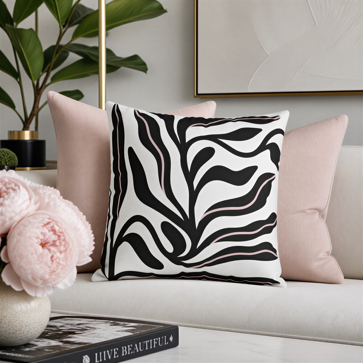 a living room with a white sofa adorned with two decorative pillows, one with a zebra print and the other with a pink and white floral pattern. A vase of pink peonies is placed on the sofa, and a book titled "LIVE BEAUTIFUL" is visible on a nearby surface.