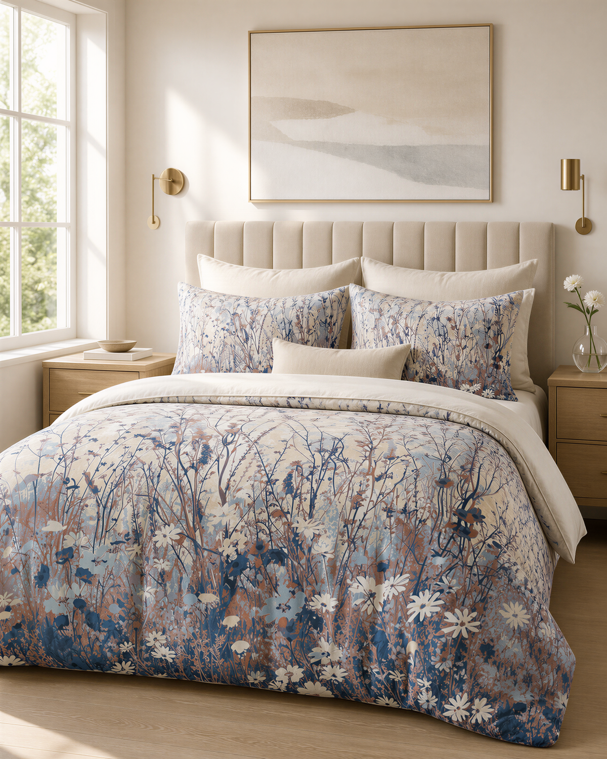 a bedroom with a large bed covered in a floral print comforter and pillows. The bed is positioned against a wall with a large window, allowing natural light to fill the room. Above the bed, there is a framed picture hanging on the wall.