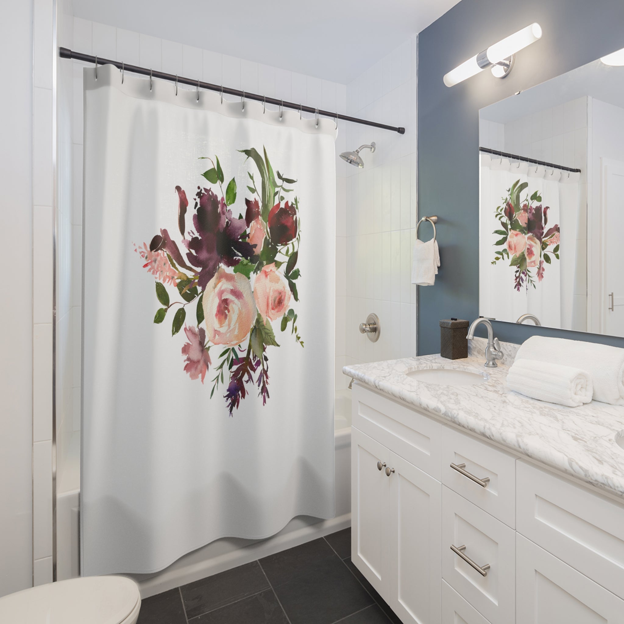 Modern Floral Shower Curtain | Burgundy Purple, Peach Green White Botanical