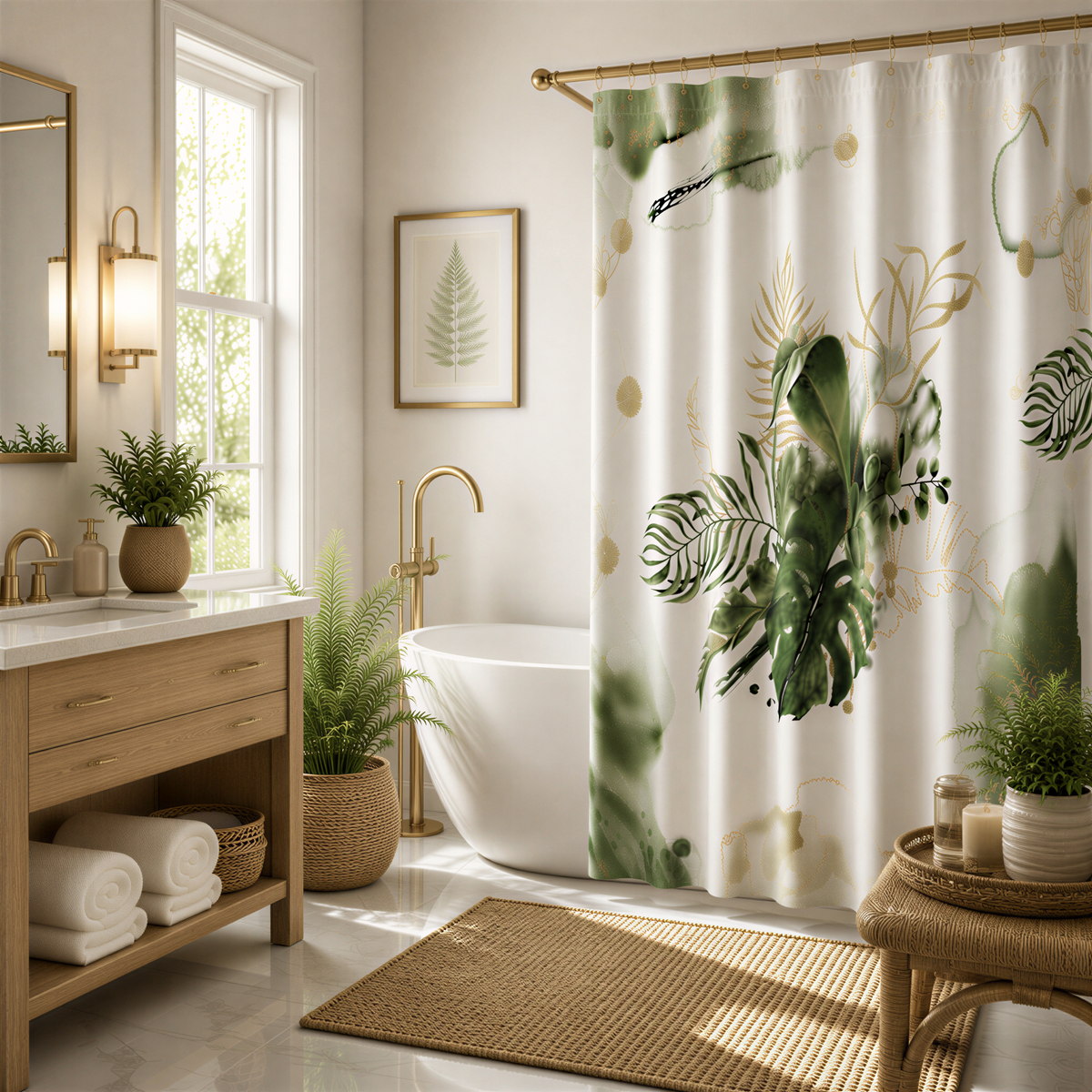 A modern and well-decorated bathroom with a large window, a freestanding bathtub, and a shower curtain featuring a tropical plant design.