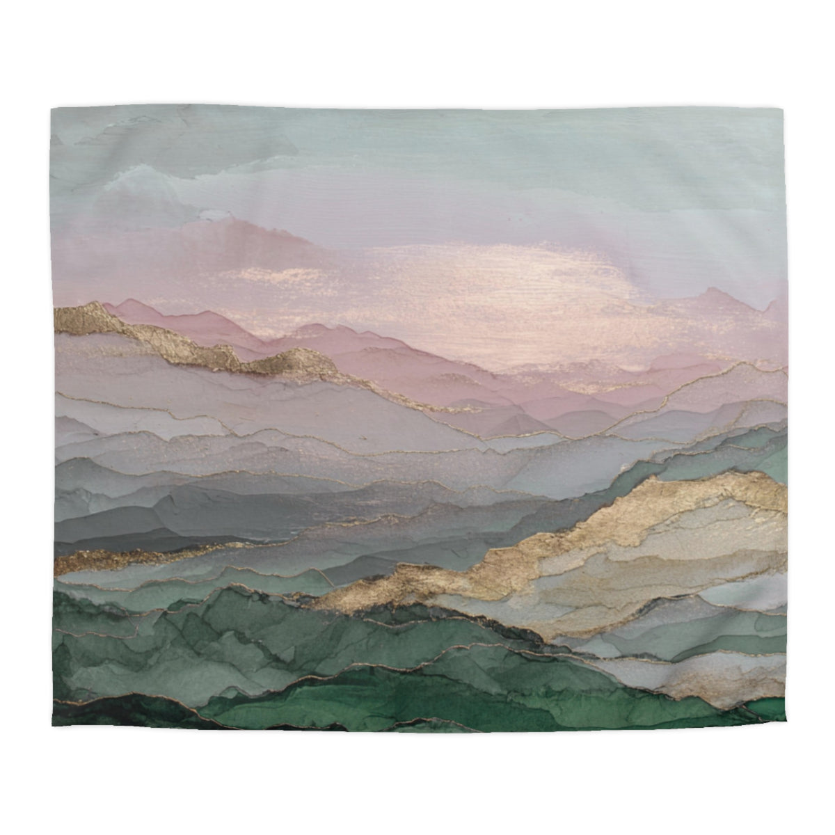 The image is a vibrant and colorful landscape featuring a mountain range with a gradient of colors, including shades of green, pink, and blue. The mountains appear to be covered in a textured, layered effect, creating a sense of depth and dimension. The overall composition is visually striking and captivating.